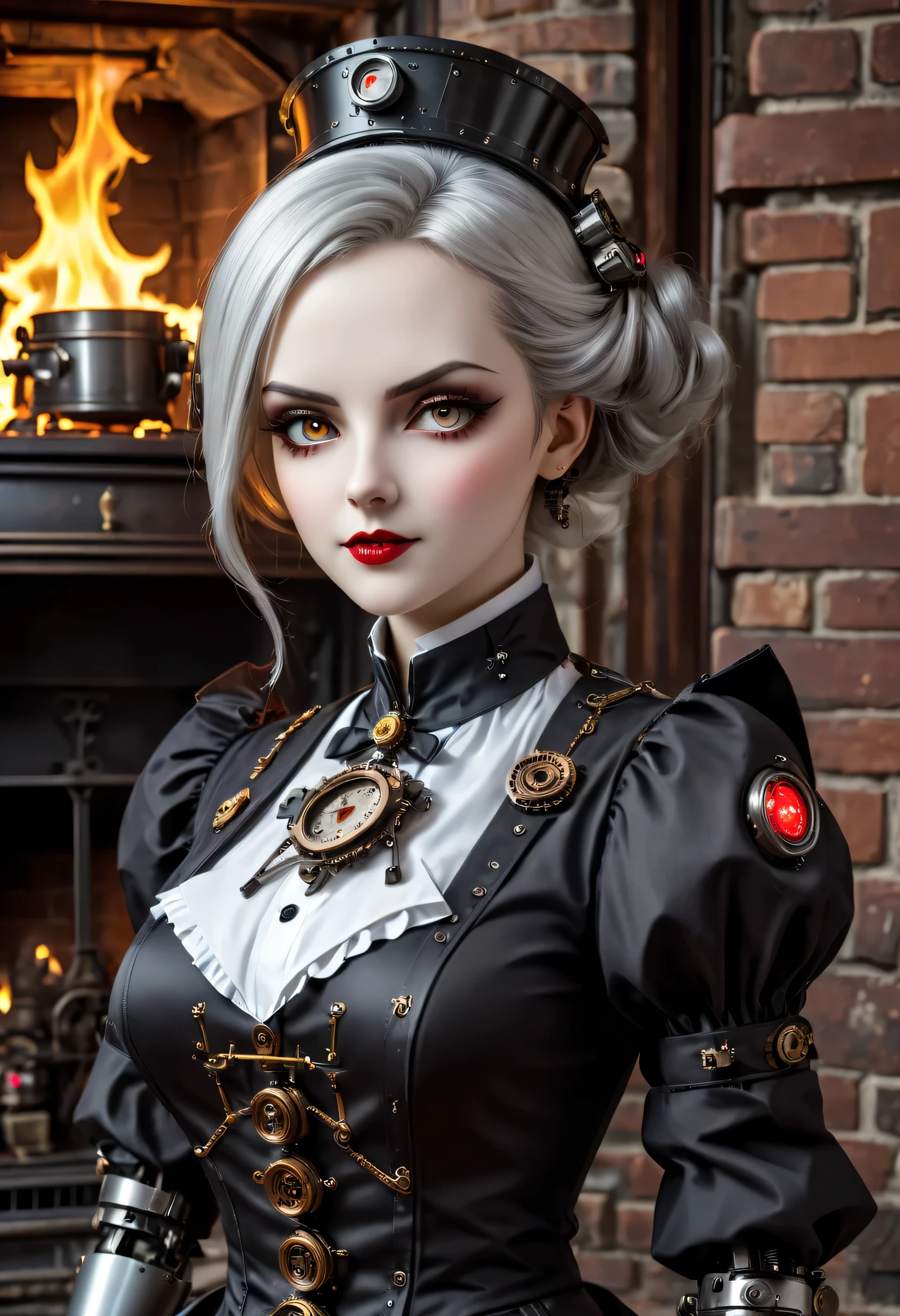 cybernetic female vampire,Female vampire robot butler, Metal mechanical surface,Mechanical joint,Female robot wearing housekeeper uniform,Female robot housekeeper is responsible for handling various household chores with fireplace in the background,sofe,Victorian style, steampunc,