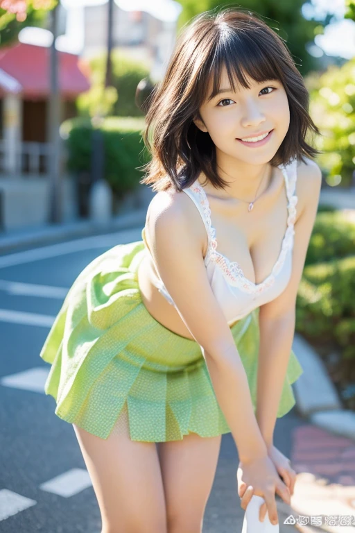 (((​masterpiece))), (((Full body photo)))， (One beautiful Japan girl, Innocence，kawaii，adorable  girl) ，超A high resolution, Realistic, ultra-detailliert, 8K,top-quality, Extremely detailed, Detailed background,A slender,very beautiful japanese girl, (Detailed face:1.3), (Bery short hair，A dark-haired :1.4), (a baby face，k (Perfect body:1.1), (Light green camisole，Light mini skirt),Provocative smile，Please show me your beautiful teeth,((beautiful thigh))，sexy  pose，rosy cheeks，Super Detailed Face、Detailed lips、A detailed eye、small junior gravure idol，Transparent skin、Lori，Photorealistic:1.37，no-makeup，Hot summer sunshine，In the city during the day，traffic jam