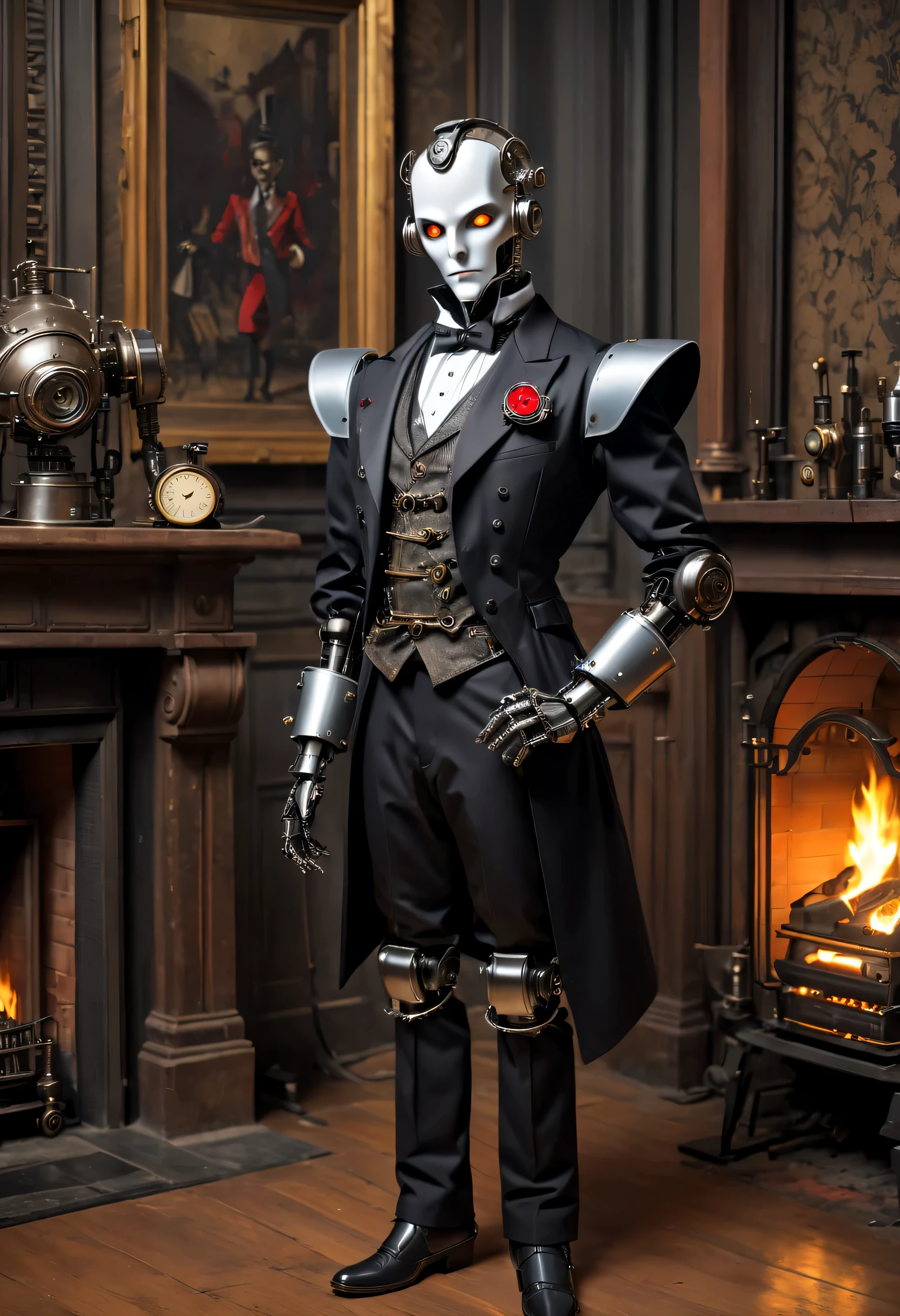 Cybernetic vampires,Vampire Robot Butler, Metal mechanical surface,Mechanical joint,Robot wears butler suit,Robot butler takes care of various housework,Background fireplace,sofe,Victorian style, steampunc,