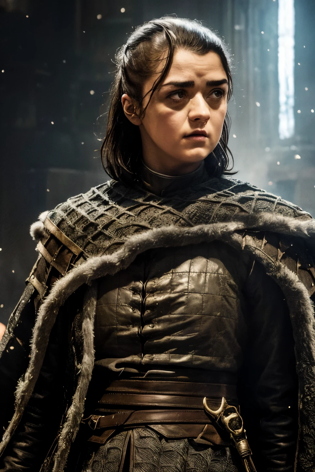 close-up portrait, Arte centrada, 1 girl, sozinho, ((sozinho)), (((only one character))),  ((( in dynamic combat pose)), (( segurando espada fina))) , esgrima, Rosto detalhado, Arya Stark in dynamic pose, cabelo preso, Rosto de Maisie Williams, rosto de Arya Stark, fantasia de arya stark, Roupas de Arya Stark, A Guerra dos Tronos,,  A Guerra dos Tronos, Gothic colors, climate of tension and terror, Adobe Illustration, trending on ArtStation, 8k, disco Rigido , master part, arte linda, detalhes intrincados.