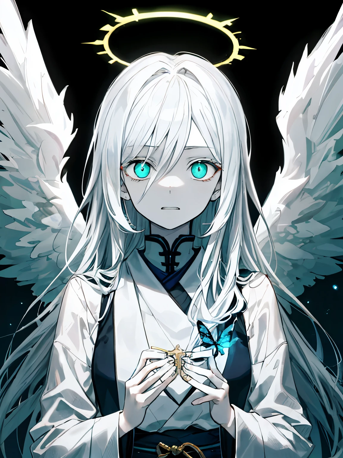 Best Quality、masutepiece、Ultra-detailed、face perfect、Extremely detailed、Extremely delicate、1 boy, (Scary), Angel, blanche髪、Long hair、Gorgeolanche&#39;The halo),(blanche光輪) Dark, Glowing eyes, Light green eyes, Angel wings,  holy, , blancheのチュニック, 2対のblanche angel wings, which are full of confidence,  Keep your mouth shut、Expressive eyes, collofull eyes, Contrasty, shadowy, masutepiece, Digital Art, Glowing eyes, Intimidating, corrupted, Demonic, Abstract background, blanche, black and teal、両手にblancheく輝く星を浮かばせる、fear、A light blue butterfly dances