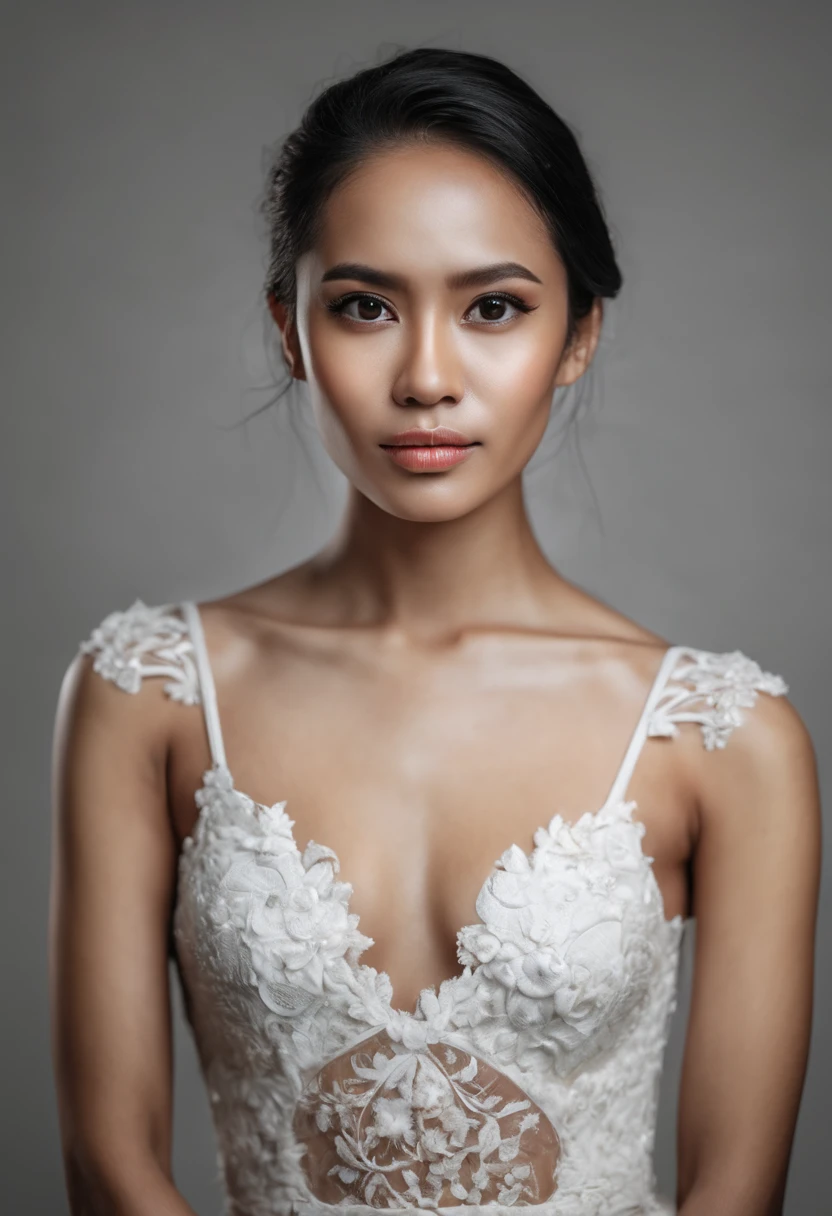 Potrait of a Beautiful Indonesian Girls, Reassemble Masterpiece of Creation, HyperRealistic Facial Features, Natural Sexy Lips, Translucent Skin, Brown Eyes, Perfect Cheekbones, Wearing a White Dress, Intricate Detail, Top Body Shot, Taken on a Studio with Clear Black Backgrounds, Backdrop Lights, Dual Exposure, Shot by Hasselblad X1D II 50C, Medium Format Camera combine with Hasselblad XCD 80mm f/1.9, ISO 400, 1/60. An aperture setting of f/2.8
