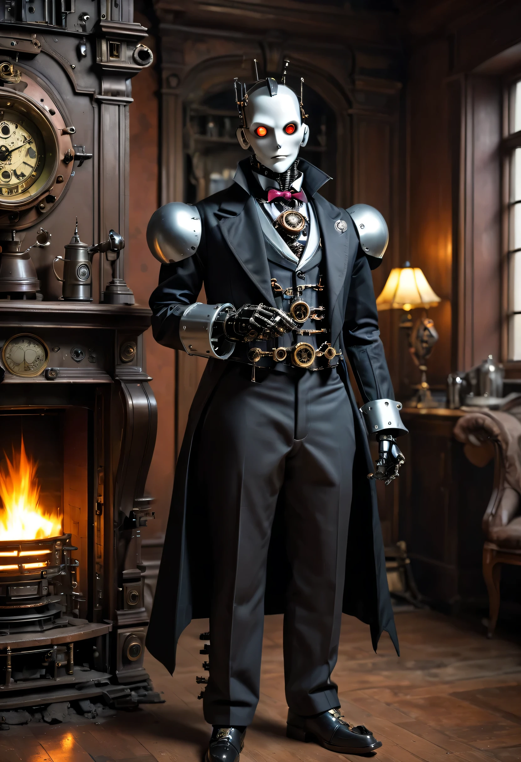 Cybernetic vampires,Vampire Robot Butler, Metal mechanical surface,Mechanical joint,Robot wears butler suit,Robot butler takes care of various housework,Background fireplace,sofe,Victorian style, steampunc,