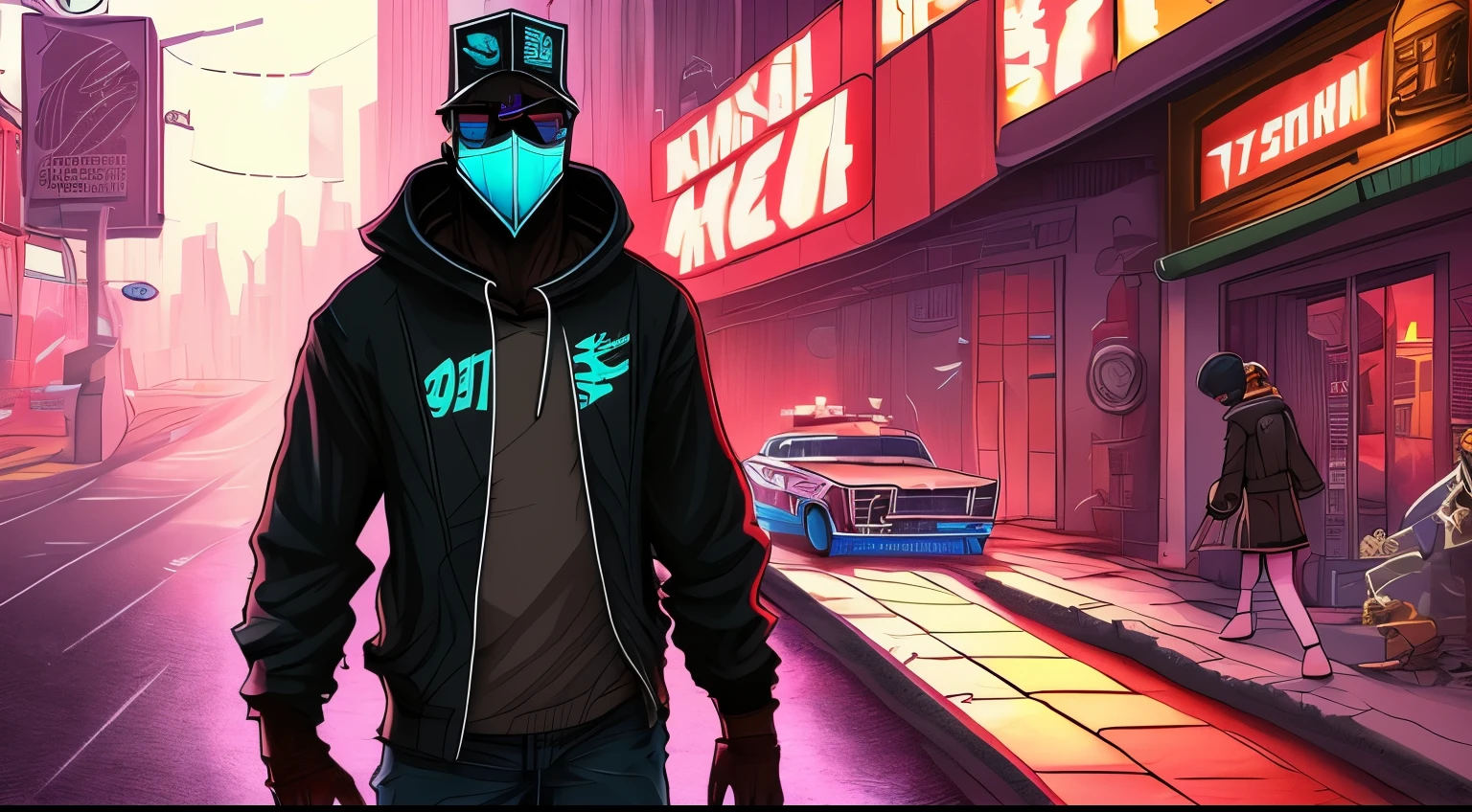 ((best quality)), ((masterpiece)), (detailed), perfect facecartoon of a man in a hoodie and a mask in a hallway, dark cyberpunk illustration, portrait of a cyberpunk man, cyberpunk dude, darksynth character portrait, edgy adventure sci fi, cyberpunk street goon, dystopian sci-fi character, cyberpunk character, cyberpunk art style, cyberpunk digital painting, cyberpunk shading, drawn in a neo - noir style, in cyberpunk style