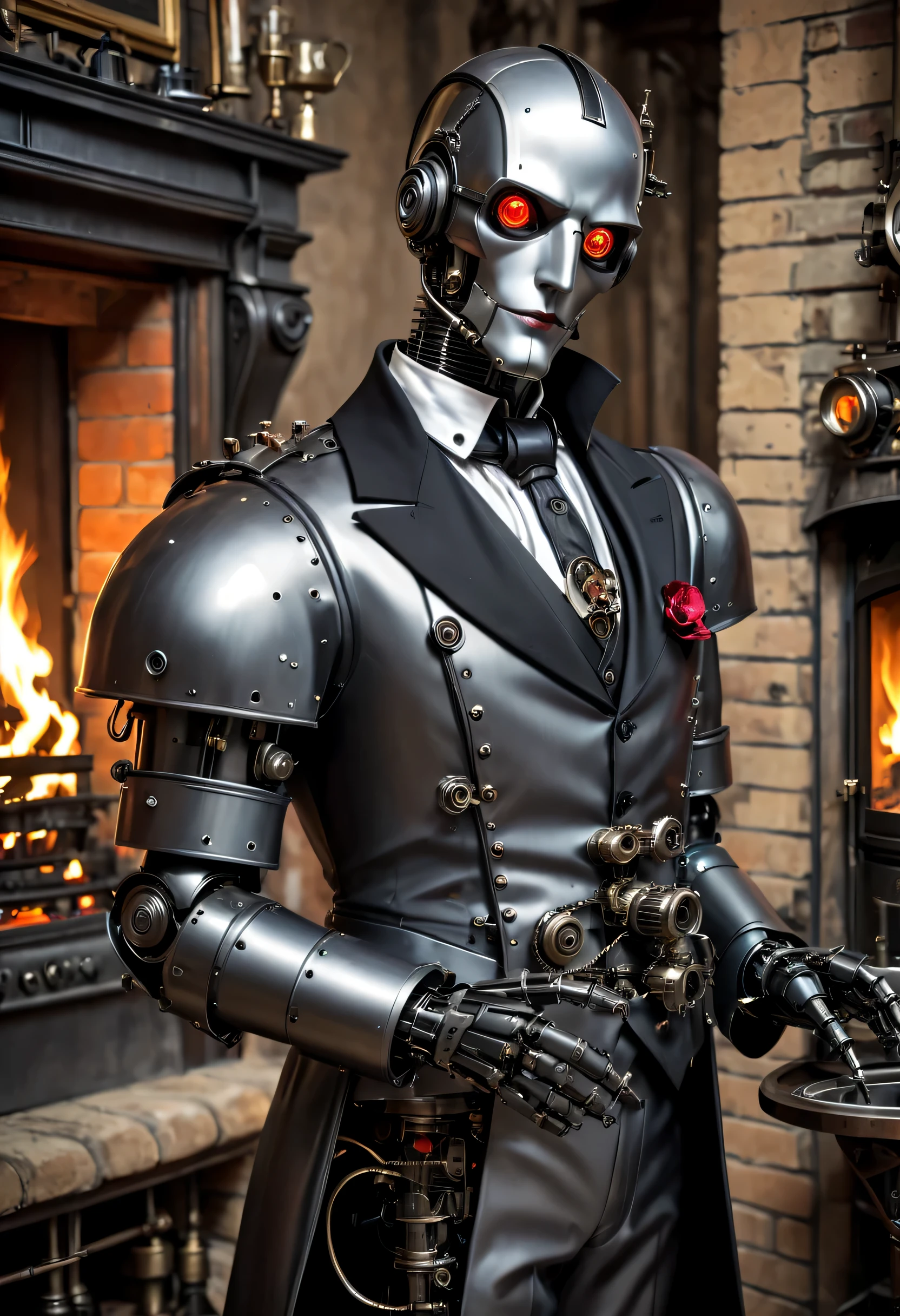 Cybernetic vampires,Vampire Robot Butler, Metal mechanical surface，Mechanical joint，Robot wears butler suit,Robot butler takes care of various housework，Background fireplace，sofe，Victorian style, steampunc,