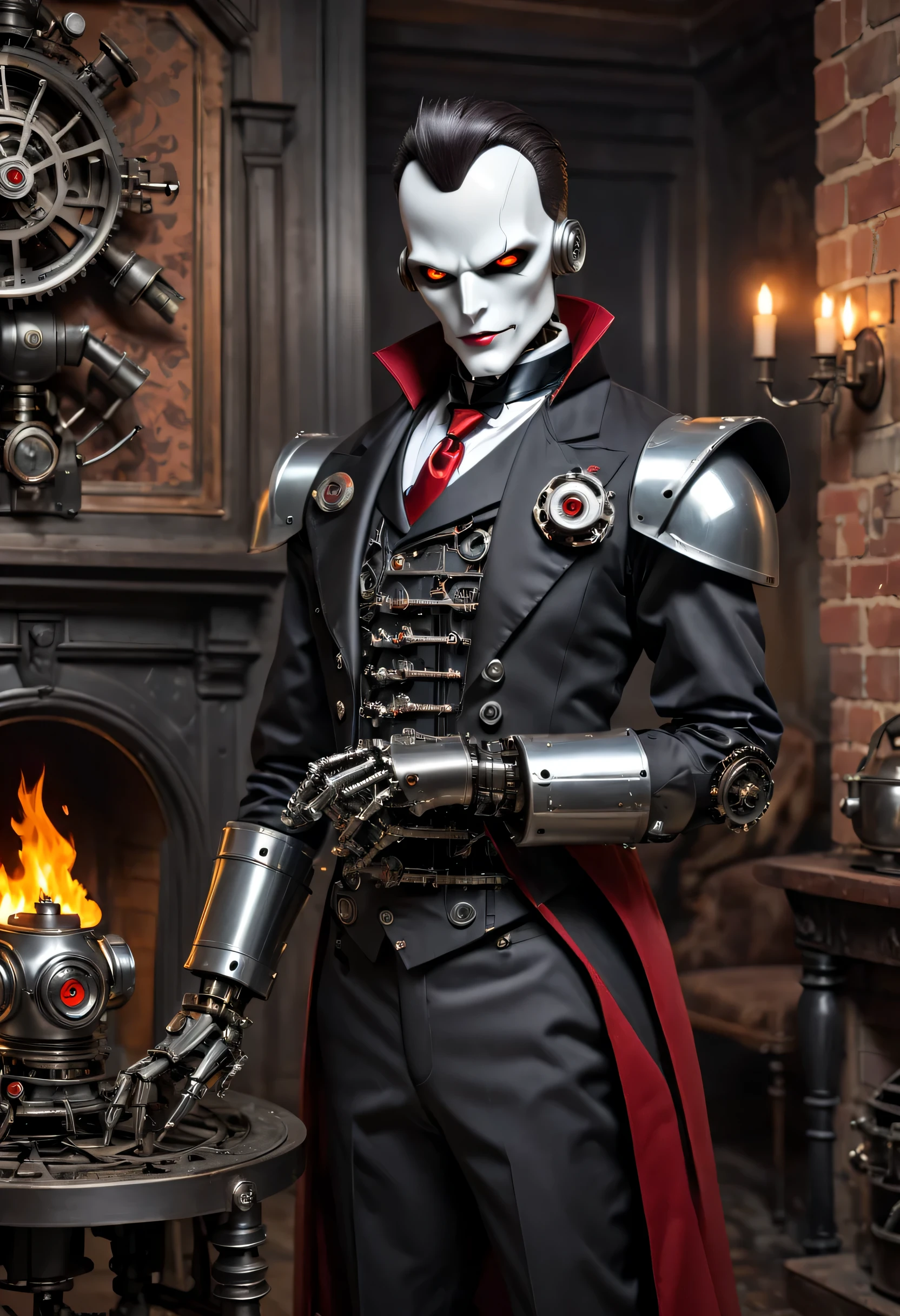 Cybernetic vampires,Vampire Robot Butler, Metal mechanical surface,Mechanical joint,Robot wears butler suit,Robot butler takes care of various housework,Background fireplace,sofe,Victorian style, steampunc,