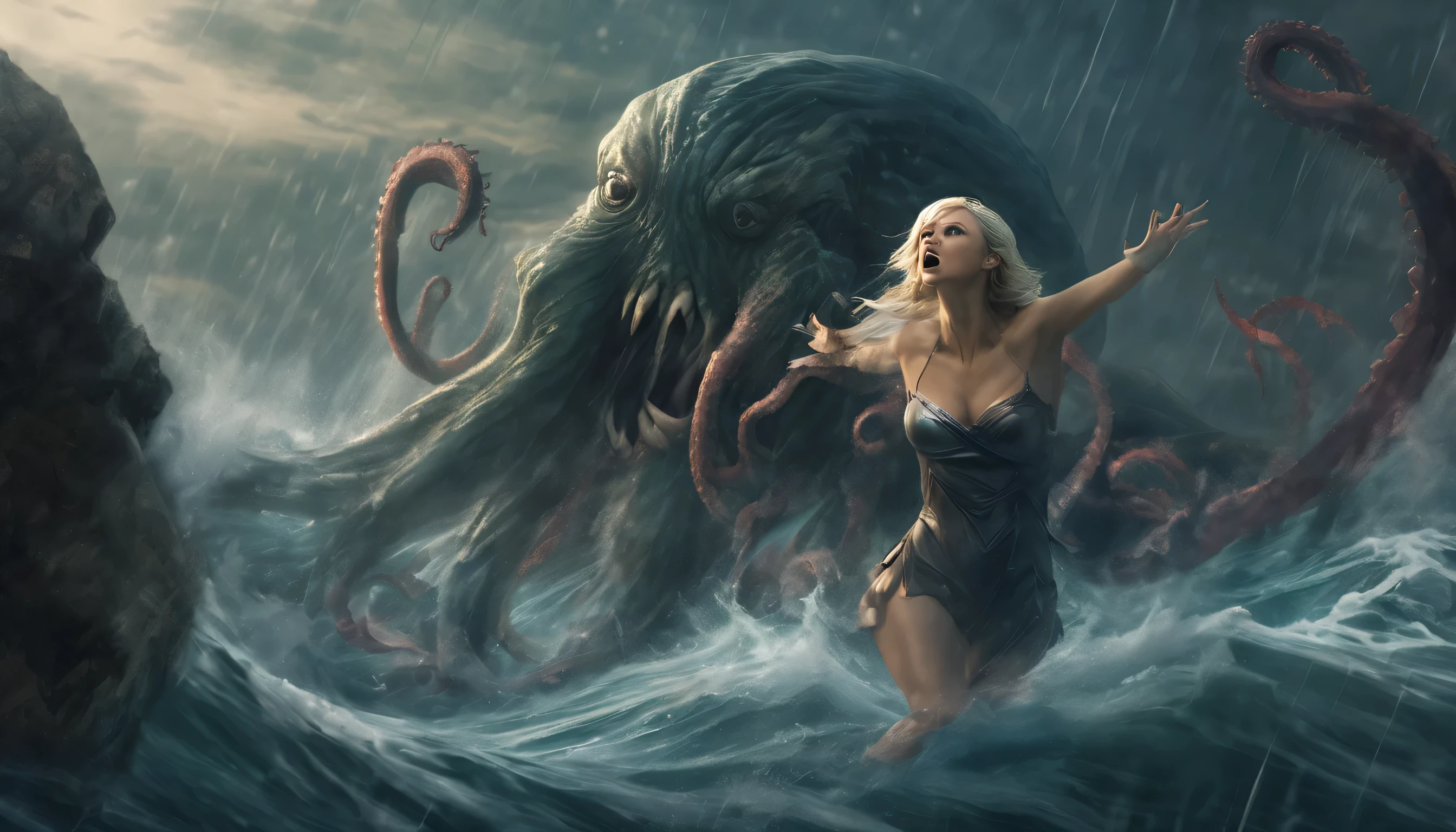 (best quality,4k,highres),(realistic:1.37),A woman greatly resembling Paris Hilton,1girl,torn,rugged costume,Supergirl costume,life-threatening situation,drowning,struggling desperately,dramatic,life-or-death,desperate gasping for air,octopus restraining her,tentacles tightly wrapped around her,underwater scene,ocean depths,perilous situation,emotional distress,dark and intense,heroine in distress,battle for survival,dire circumstances,fight for her life,ominous,twisting tentacles,ogre-like creature,majestic ocean backdrop,harrowing struggle,frantic struggle for freedom,dangerous encounter,thrilling,heart-pounding,claustrophobic,dire consequences,breathtaking,high-stakes,helpless,urgency,overwhelming odds,superhuman strength,unyielding determination,ultimately triumphant,limb-like appendages,dramatic climax,stunning visual,compelling narrative,intense imagination,epic struggle,visual spectacle