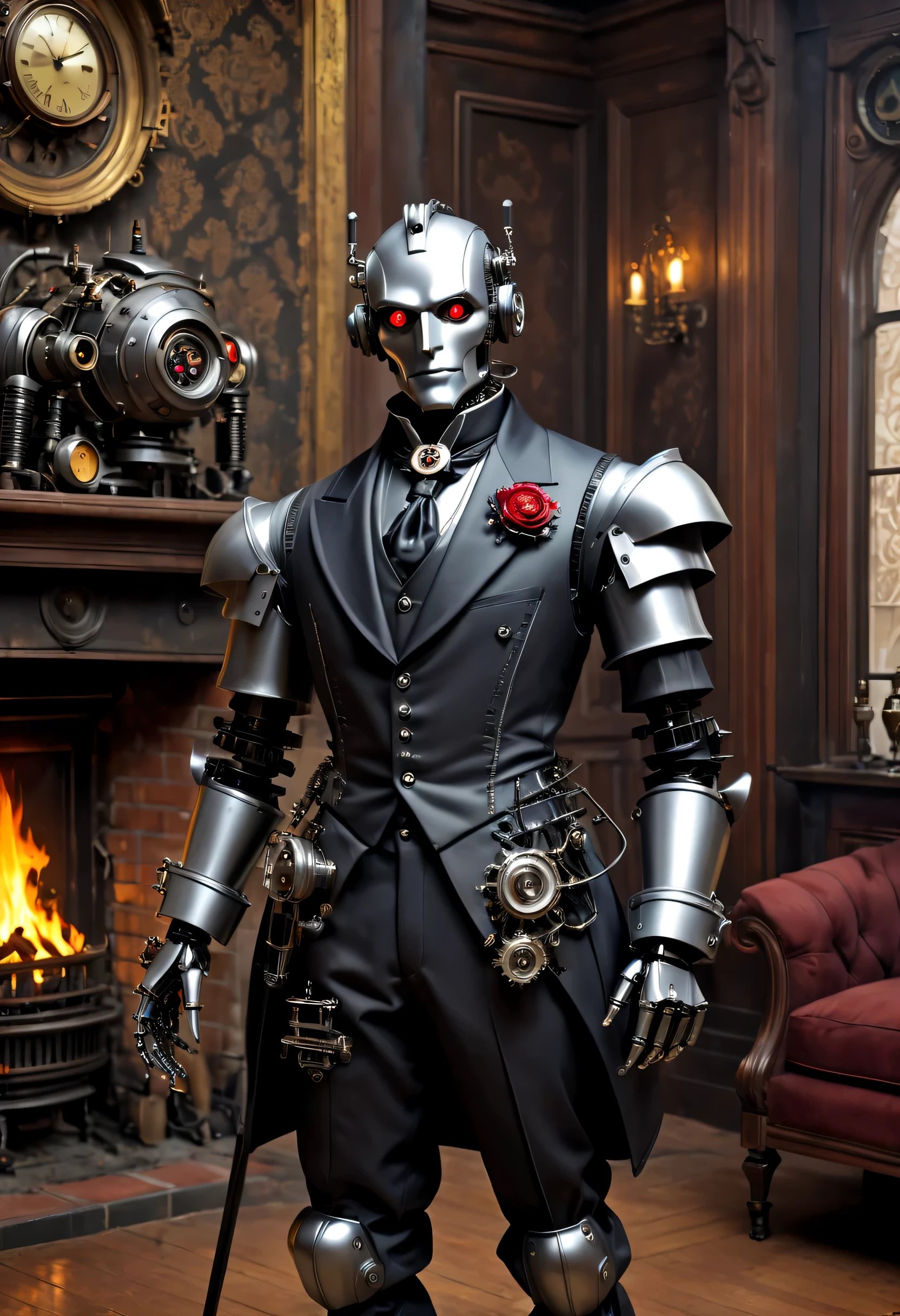 Cybernetic vampires,Vampire Robot Butler, Metal mechanical surface,Mechanical joint,Robot wears butler suit,Robot butler takes care of various housework,Background fireplace,sofe,Victorian style, steampunc,