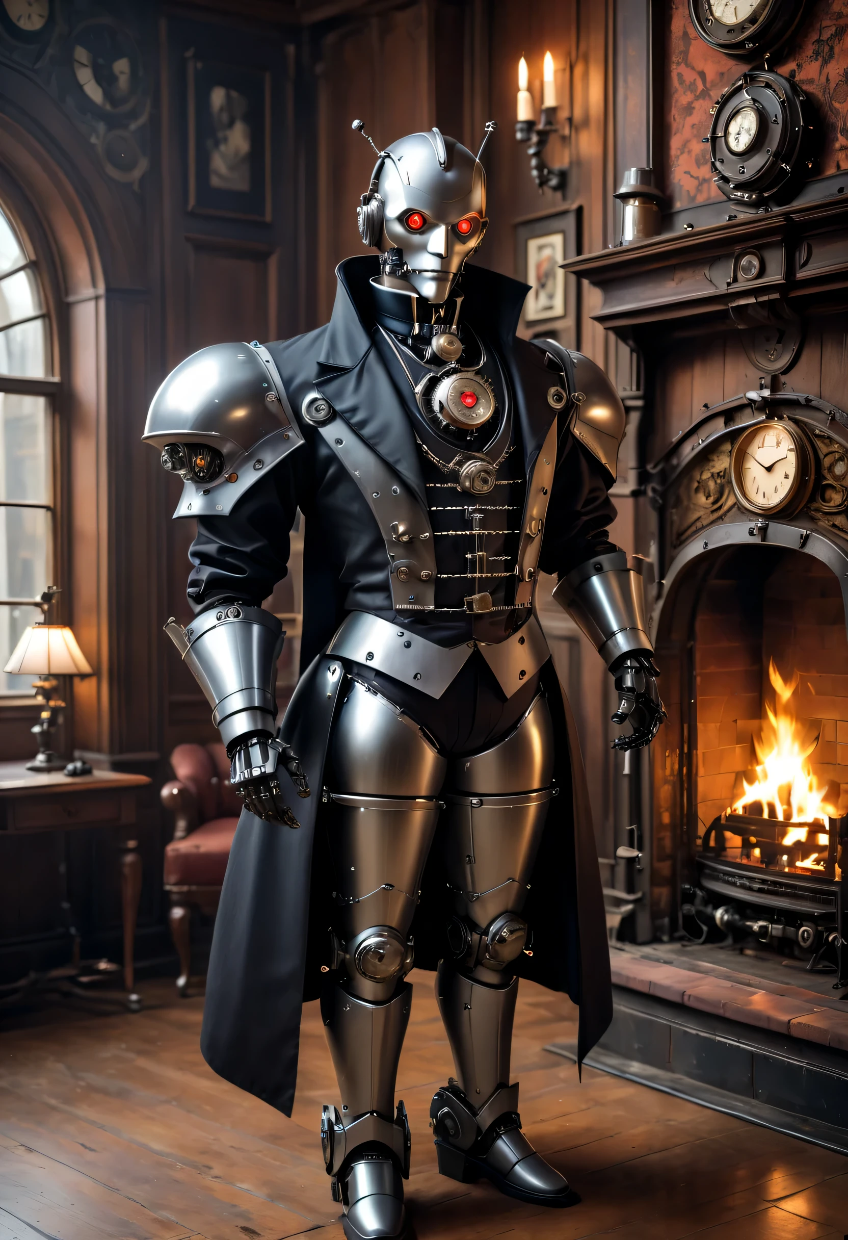 Cybernetic vampires,Vampire Robot Butler, Metal mechanical surface,Mechanical joint,Robot wears butler suit,Robot butler takes care of various housework,Background fireplace,sofe,Victorian style, steampunc,