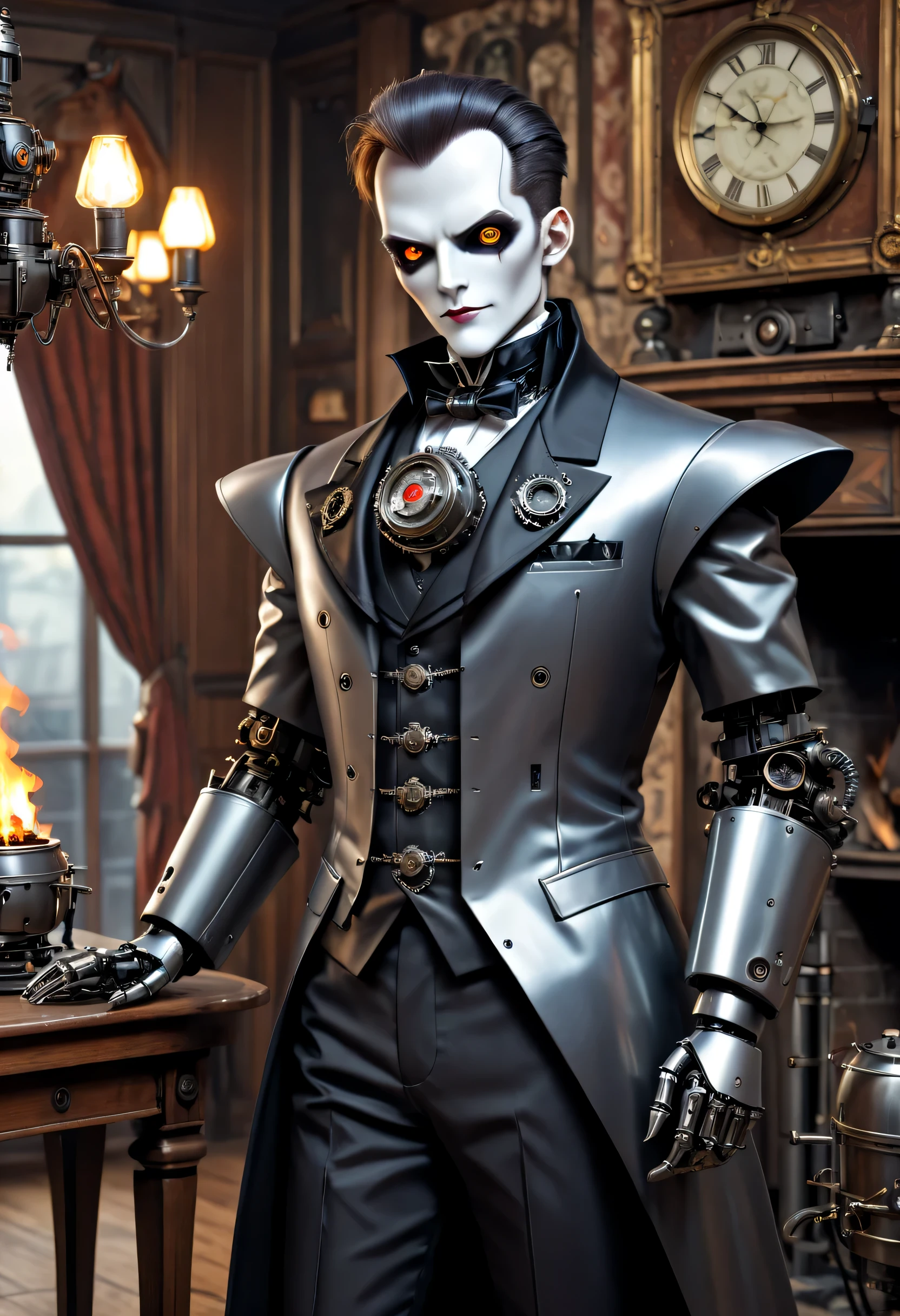 Cybernetic vampires,Vampire Robot Butler, Metal mechanical surface,Mechanical joint,Robot wears butler suit,Robot butler takes care of various housework,Background fireplace,sofe,Victorian style, steampunc,