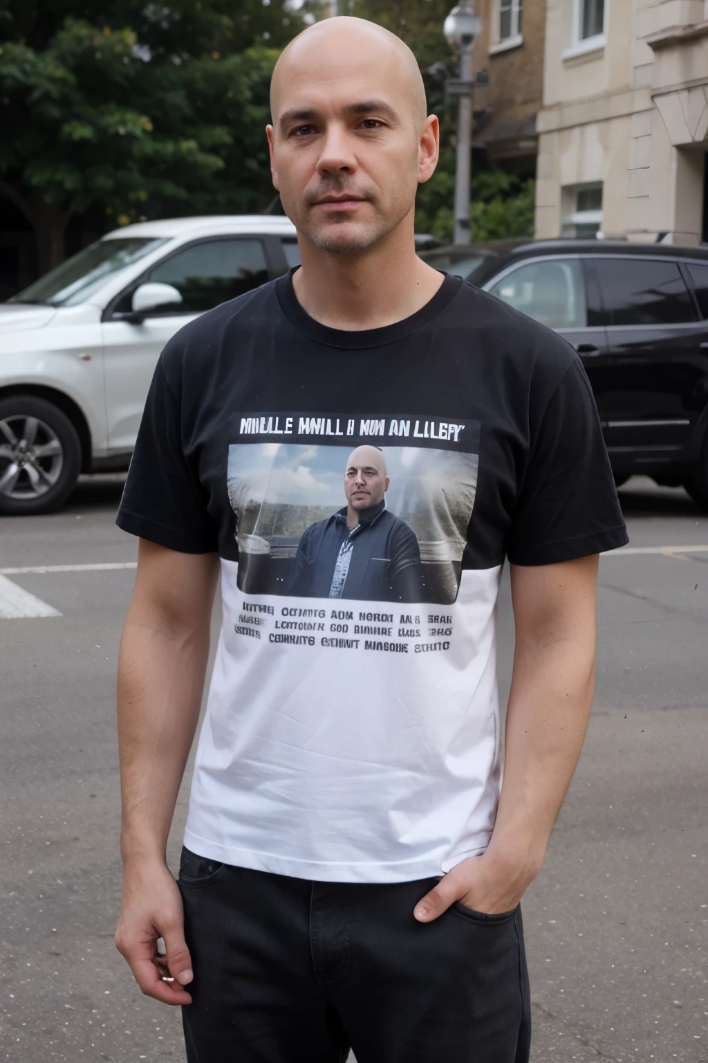 Middle-aged brunette man, bald and wearing a t-shirt