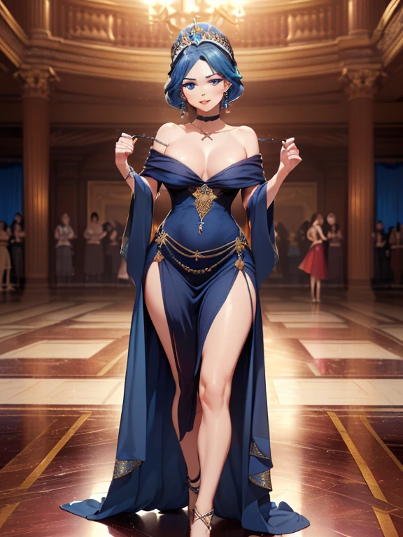 gran calidad ++ Extremely detailed high resolution, very aesthetic, ojos expresivos, (((Cara perfecta))), (((face symmetrical))), ((good anatomy)), (((manos perfectas))), (((8k))), UHD, Fondo de pantalla HD, (((alta calidra detallada, (((1girl))), ((((cuerpo completo)))), emblema de fuego, Emblema de fuego Despertar, (((((((Emblema de fuego severo))))))), (((((cola doble))))), ((((((cabello azul)))))), (((Cara de ruborizada))), ((((Midnight blue off-the-shoulder dress that perfectly hugged her slender figure and then descended into a flowy floor-length skirt.......)))), (((The sweetheart neckline was adorned with brilliant sapphires in harmony with the jeweled tiara...............))), (((((vestido con detalles dorados))))), (((Majestic Eveninajestic Castle Ballroom))), (((pechos enormes))), (((Sonrisa inocente))), ((((salulando)))),