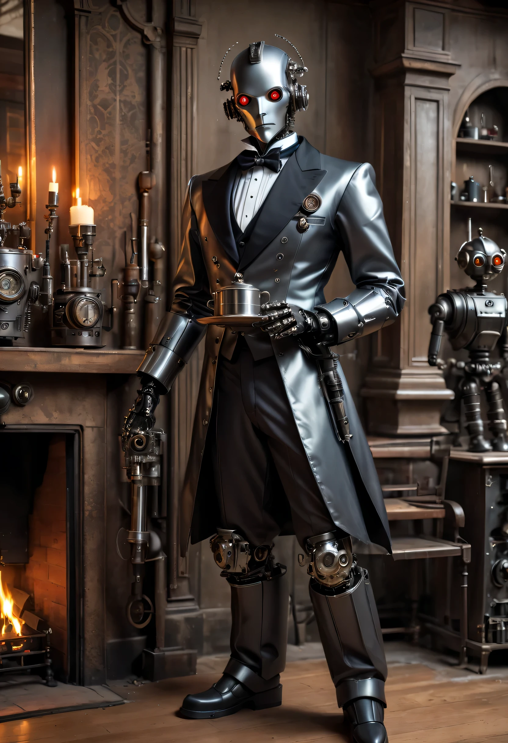 Cybernetic vampires,Vampire Robot Butler, Metal mechanical surface,Mechanical joint,Robot wears butler suit,Robot butler takes care of various housework,Background fireplace,sofe,Victorian style, steampunc,