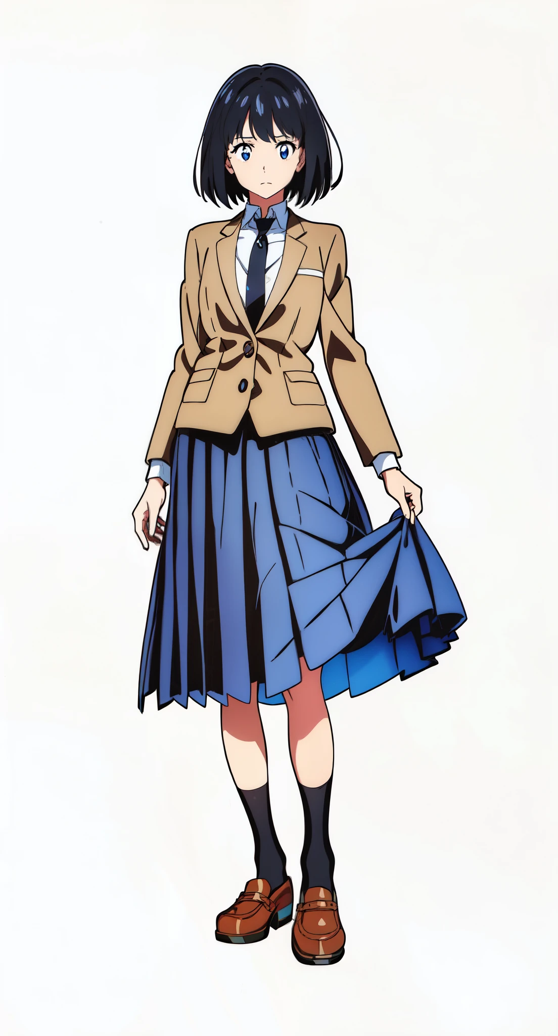 (best quality:2.0), (standing:1.5), (looking at viewer:1.5), (white background:1.0), (anime:2.0), (official art:2.0), (best quality:2.0), (masterpiece:1.0), (full body:1.0), (solo:1.0), (a 18yo cute girl:1.0), (long skirt:1.0), (dark blue skirt:1.0), (pleated skirt:1.0), (school uniform beige blazer:1.0), (dark blue necktie:1.0), (loafers:1.0), (black socks:1.0), (ideal ratio body proportions:1.0), (lanky:1.0), (tall:1.0), (slender:1.0), (small breasts:1.0), (smaller face:1.0), (tareme:1.5), (detailed beautiful eyes:1.5), (detailed beautiful face:1.5), (glowing black eyes:1.1), (bob cut hair:1.0), (black hair:1.0)