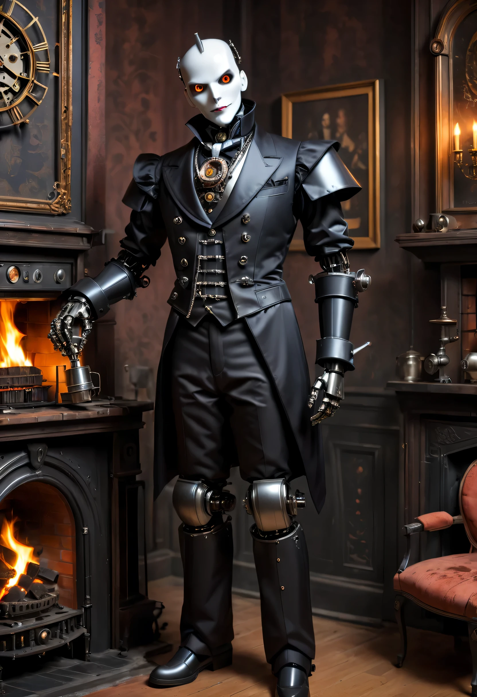 Cybernetic vampires,Vampire Robot Butler, Metal mechanical surface,Mechanical joint,Robot wears butler suit,Robot butler takes care of various housework,Background fireplace,sofe,Victorian style, steampunc,