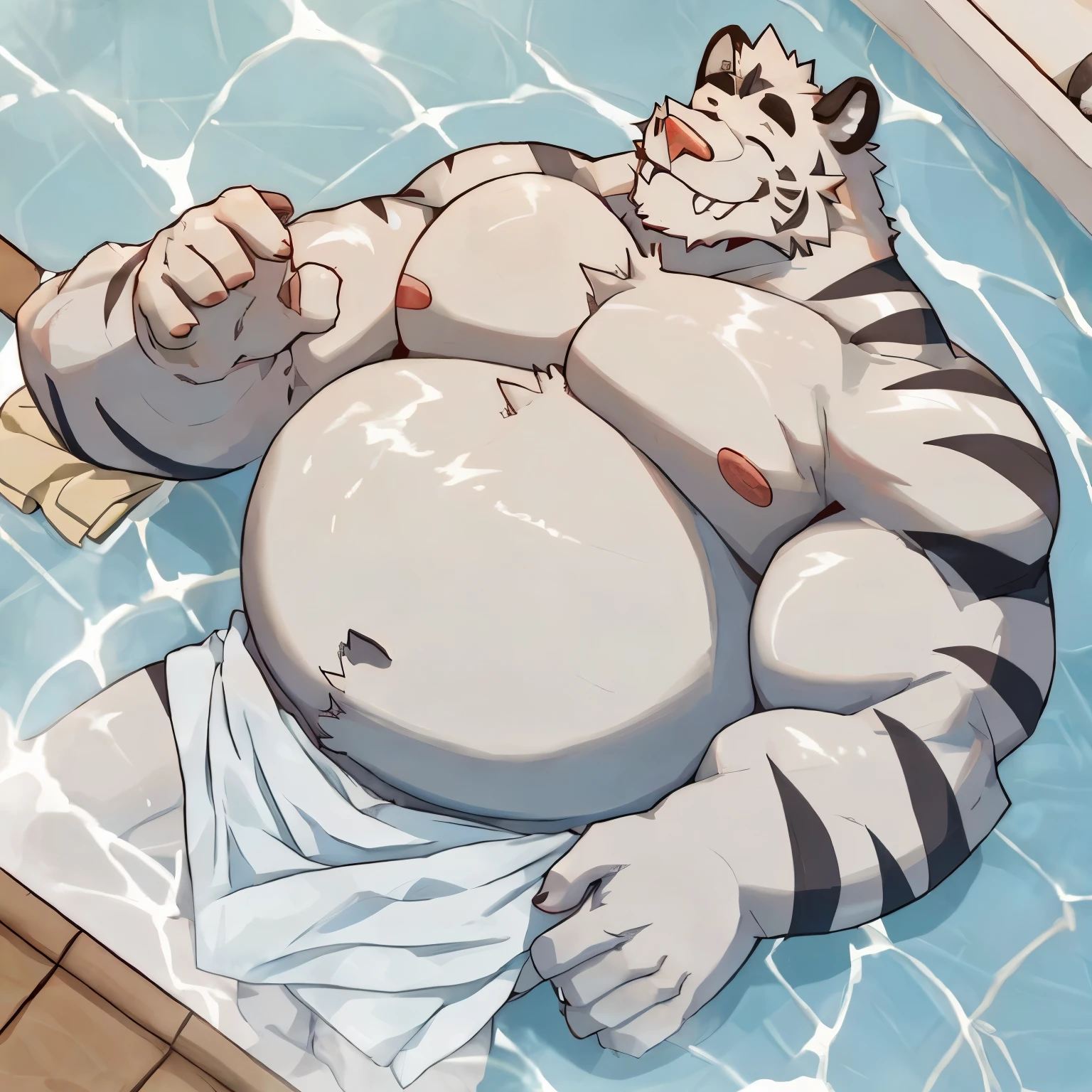 axel cosmas , solo, towel around waist, plump, huge, bath background, nipples, massive big fat belly, big ass, eyes shut, laying, 5 fingers, musclegut body, lineart, normal eyes, wet body, macro body, massive body, huge pecs, very wide,