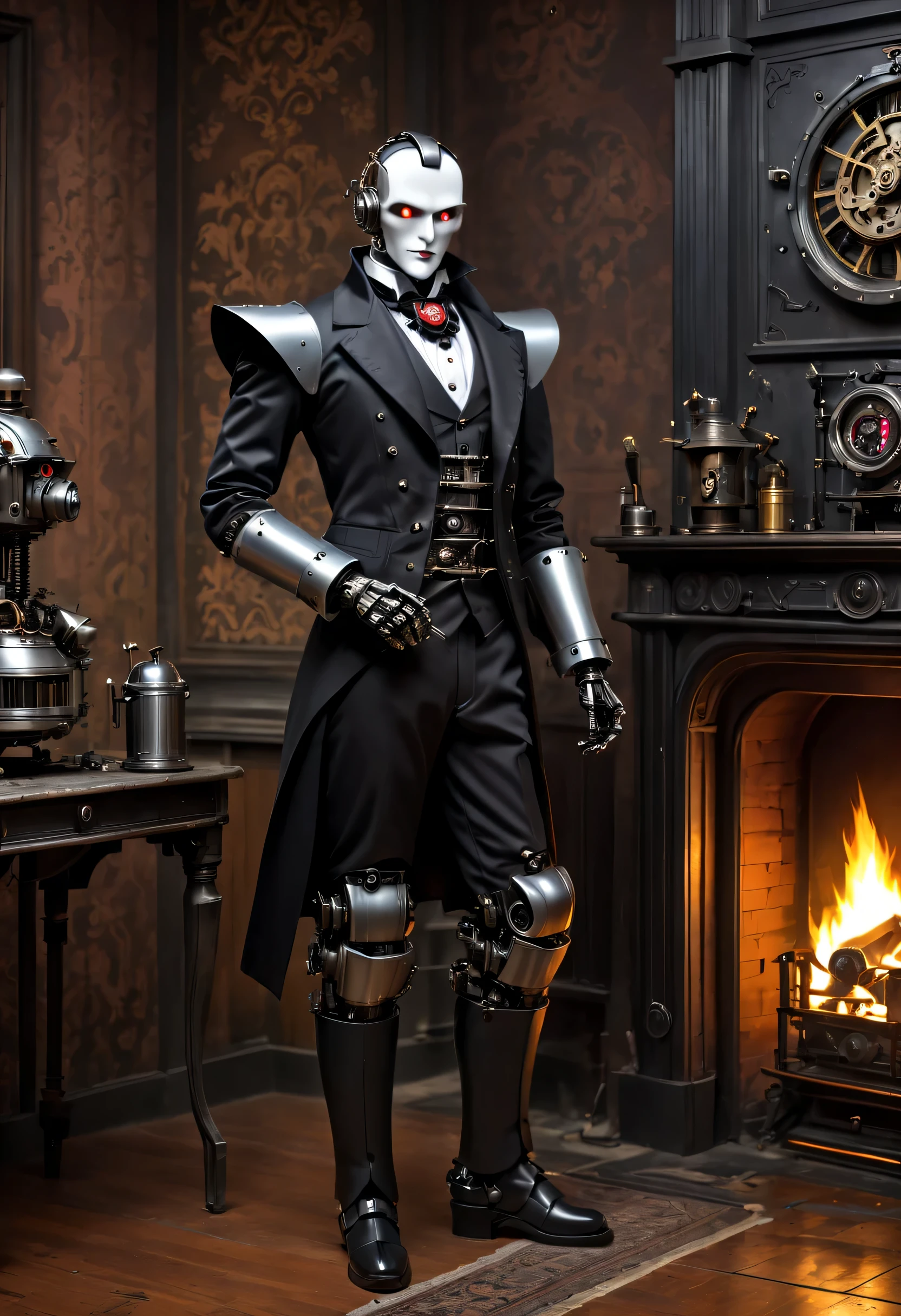 Cybernetic vampires,Vampire Robot Butler, Metal mechanical surface，Mechanical joint，Robot wears butler suit,Robot butler takes care of various housework，Background fireplace，sofe，Victorian style, steampunc,