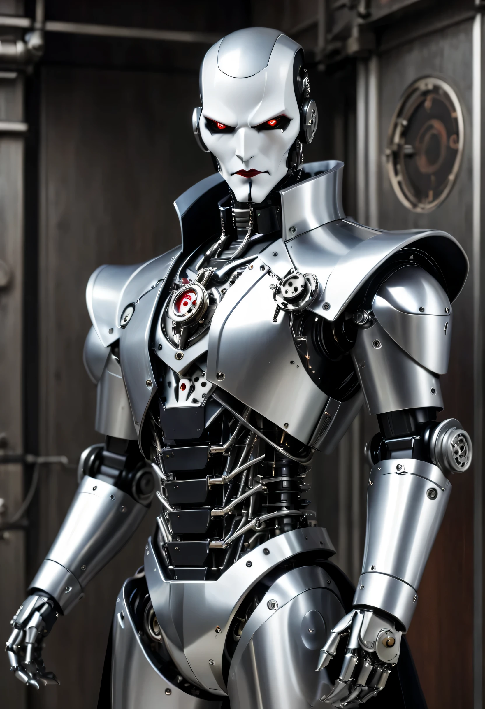 Cybernetic vampires,Vampire Robot Butler, metal mechanical surface，Mechanical joint，Robot wears butler suit,