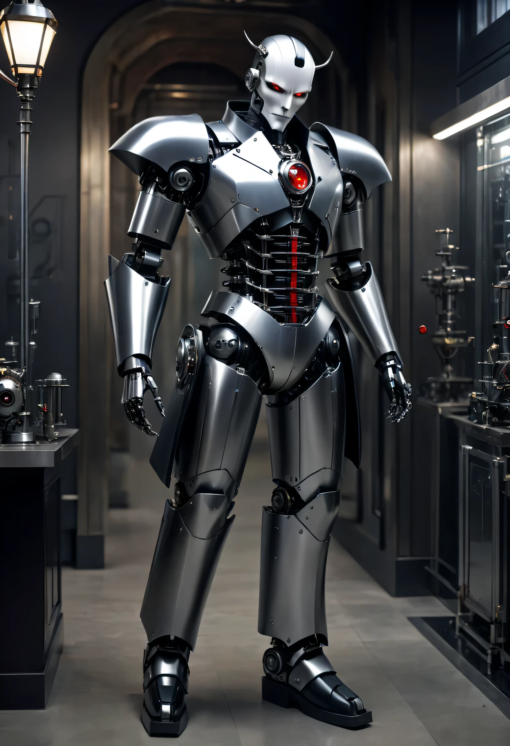 Cybernetic vampires,Vampire Robot Butler, metal mechanical surface,Mechanical joint,Robot wears butler suit,