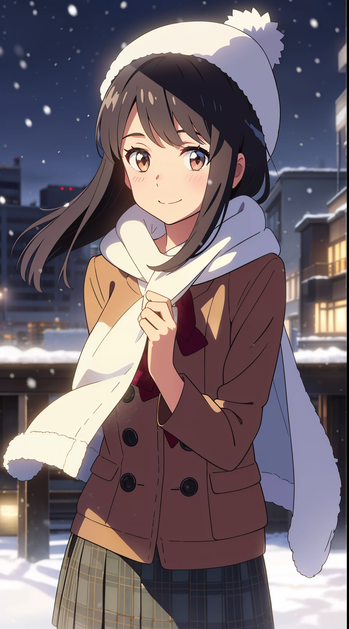 shinkai makoto, kimi no na wa., 1girl, bangs, black hair, blush, bright eyes, brown eyes, red bow, red ribbon, short hair, shiny skin, cute, beautiful, perfect body, perfect hands, winter clothes, long coats, sweater, shirt, knit hat, gloves, skirt, plaid skirt, looking at the viewer, winter snow, snowfall, the wind blows, night, outdoor, city buildings, crowd, city lights, sly smile, graceful, prestigious, glorious, elegant