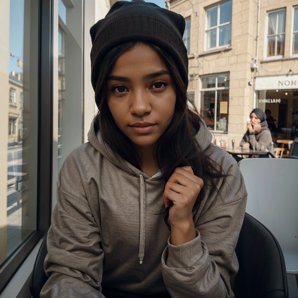photorealistic, best quality, hyper detailed, light brown skin, black hair, wearing hoodie, sitting on chair near window, cafe, looking at camera, beanie, hands hidden, analog style, skin texture, film grain, close up, ultra high res, best shadow, RAW, instagram LUT