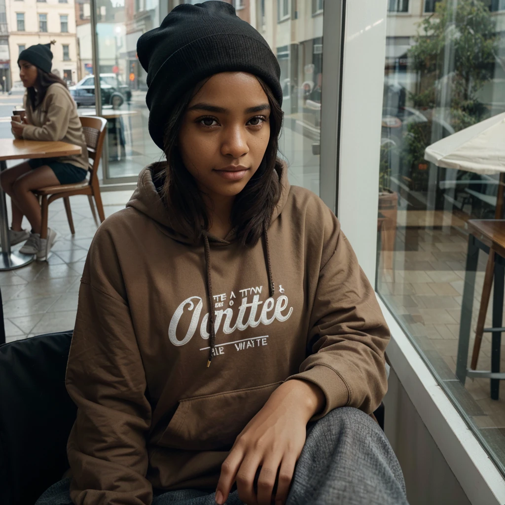 photorealistic, best quality, hyper detailed, light brown skin, black hair, wearing hoodie, sitting on chair near window, cafe, looking at camera, beanie, hands hidden, analog style, skin texture, film grain, close up, ultra high res, best shadow, RAW, instagram LUT