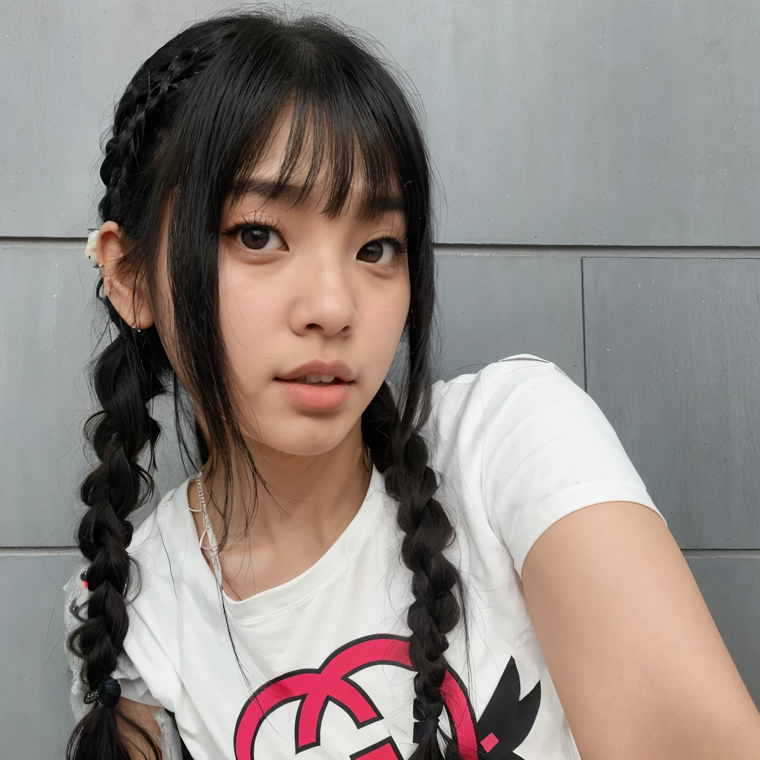 Arafed Asian girl with long black hair and a white shirt, penteado twintails, penteado pigtails, two penteado pigtails, Lalisa Manobal, Ulzzang, she has black hair com franja, jennie blackpink, Lalisa Manoban do Blackpink, com franja, com rabo-de-porco preto, com franja completa, Chiho, Shikami