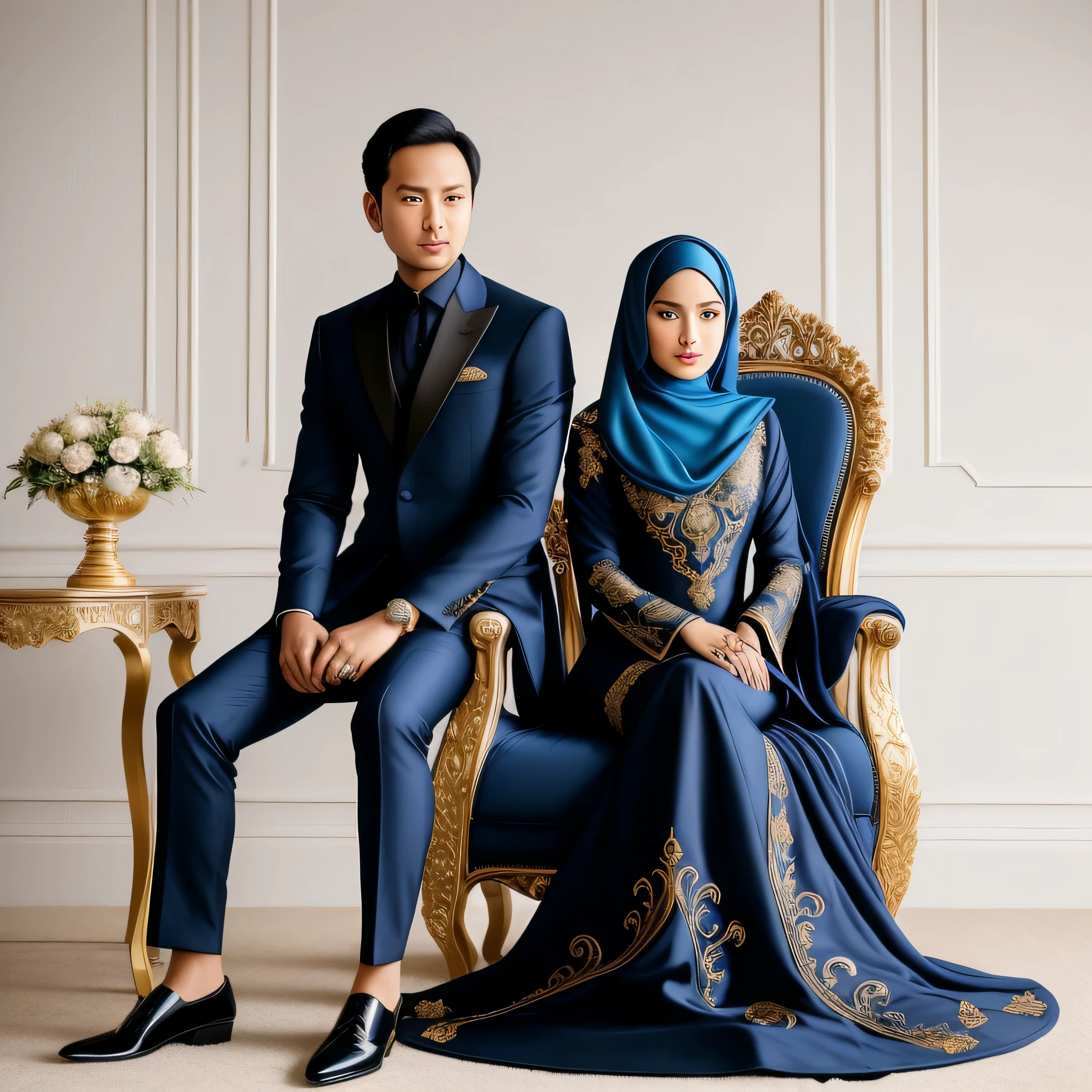 araffes wearing a blue hijab and a black suit sitting on a chair, an elegant couple, regal dark blue clothes, lovely couple, royal elegant pose, couple, ornate attire, formal attire, wearing a black noble suit, malaysian, gold brocaded dark blue clothes, intricate suit, decorative dark blue clothing, by Basuki Abdullah, seated in royal ease