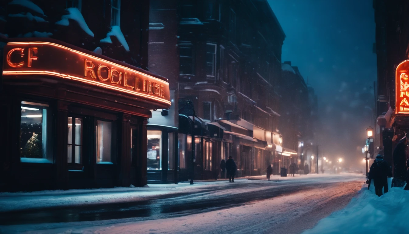 A nighttime cityscape covered in snow, with neon lights reflecting off the icy streets and creating a visually striking and energetic winter background.