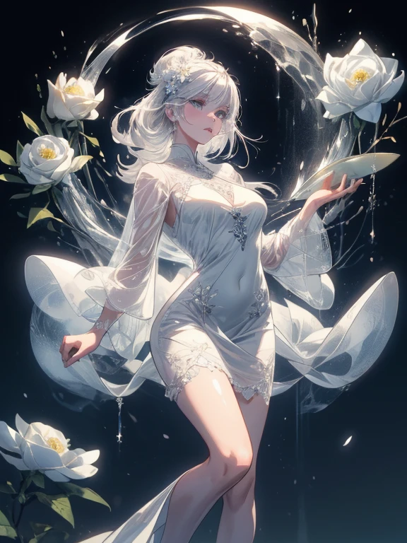 Paradise in Heaven, White lighting,(masutepiece), (Best Quality), (Cinematic), 8K, (art  stations), Li Yue painting style.(長いWhite hairとSilvery eyesを持つ1人の女), (Beautiful delicate face)、[ Particle Lou Full Moon] [Frozen trees々] [landscape crystal] [Lighting] [Ethereal Atmosphere]:1.1] [Fantasy, short story] [soft Lighting] [+Cinematic shot]:1.2 [+art  stations] [+luminous white background] [+soft Lighting] [soft glow] [Creative and dynamic angles]:1.3, [+Crystal Toning] 、masutepiece, ighly detailed, Ultra-detailed, Solo, (pale skin), Silvery eyes, White hair, (snowy background), (snowflake rosen flower:1.0), (shining crystal),, (Snowy ground), (White lashes), Female sexy、dreamy and detailed, Gorgeous setting, 妖しい雰囲気 masutepiece, The most beautiful scenes, An majestic、(((full of white flowers)))、quiet and serene atmosphere、A charming, all white tones,Inside the crystal library,Transparent flowers and falling snow，Many white roses are planted,(flowingwater,falls,water bloom),The decoration is also carefully done.,Dreamy（ighly detailedです，Creative Design，crisp and precise lines，K HD，best qualtiy，tmasterpiece，超hight resolution，4K）、Diverse poses、((beautiful white flower hair ornament))、Beautiful hairstyle、(Best Quality, 4K, 8K, hight resolution, masutepiece:1.2), Ultra-detailed, Detailed expression, Graceful posture, expressive brush strokes, mystic atmosphere, artistic interpretation,Delicate floral jewelry， (((Detailed design、Beautiful lace translucent dress、see-through small dress)))、(SFW:1.5), (Oversized breasts, best body proportions, proportions of large breasts,:1.5),(white decoration on thigh)、((Beautiful crystal accessories on the legs))。((Beautiful crystal accessories on the arm))、(((Design with a wide open chest)))