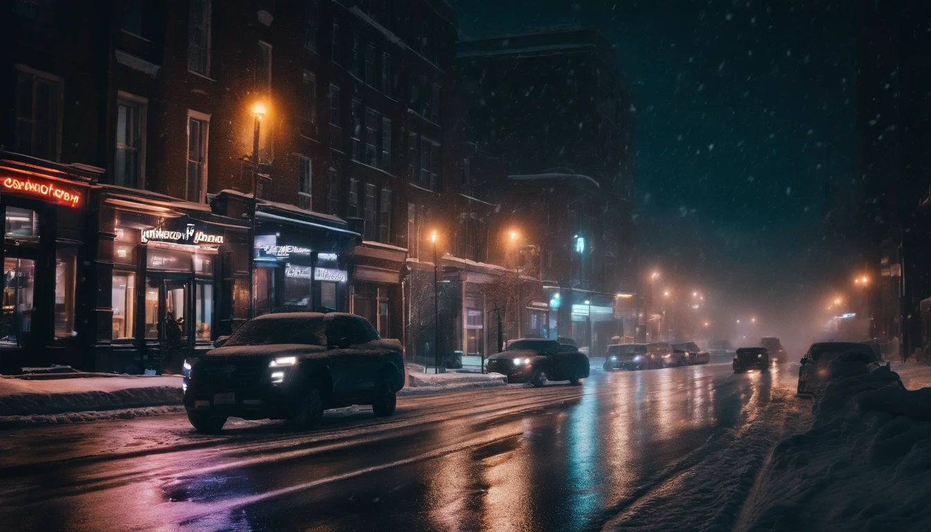 A nighttime cityscape covered in snow, with neon lights reflecting off the icy streets and creating a visually striking and energetic winter background.