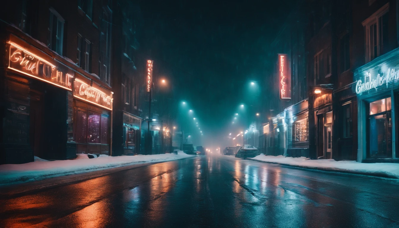A nighttime cityscape covered in snow, with neon lights reflecting off the icy streets and creating a visually striking and energetic winter background.