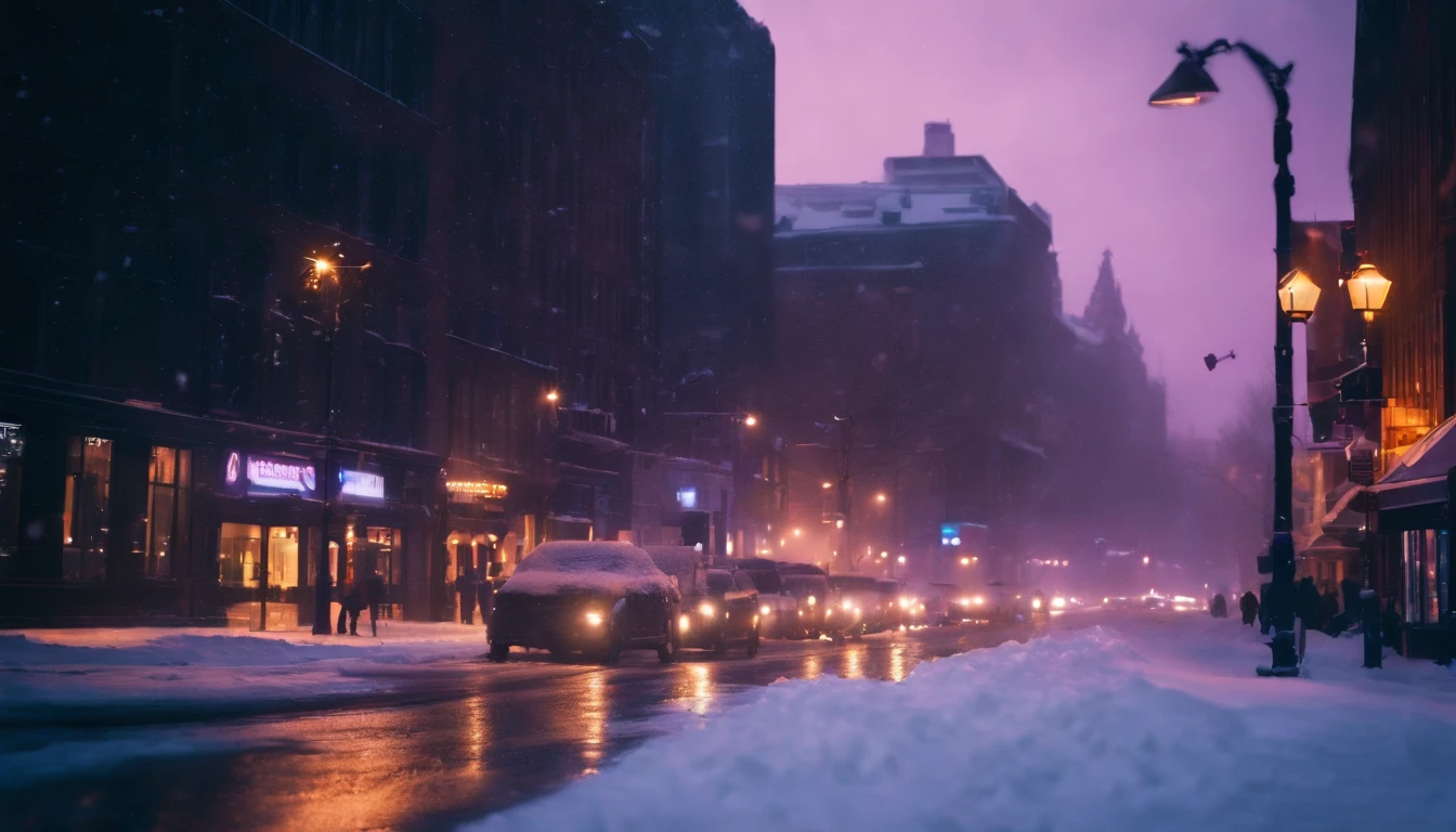 A nighttime cityscape covered in snow, with neon lights reflecting off the icy streets and creating a visually striking and energetic winter background.