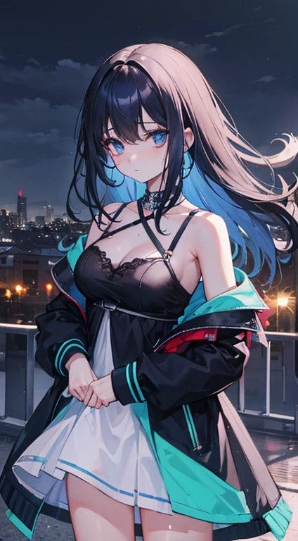 20yo girl, mirando al frente con mirada dura con sus ojos verdes esmeralda, aspecto rebelde, caminando en ciudad luminosa y silenciosa en mitad de una noche lluviosa, ambiente oscuro y opresivo, pelo despeinado por el viento, pelo recogido en una coleta, pelo de color azul oscuro, flequillo del pelo cayendole sobre el rostro, manos en los bolsillos, 8K, HD, ropa rebelde,
