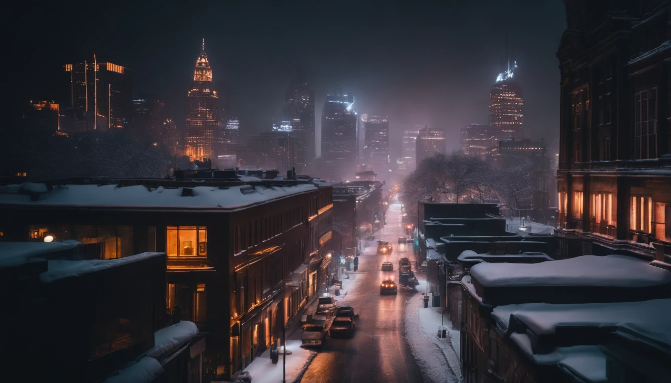 A nighttime cityscape covered in snow, with neon lights reflecting off the icy streets and creating a visually striking and energetic winter background.