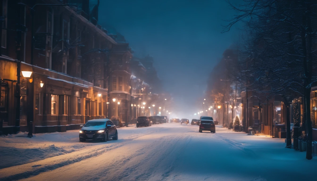 A nighttime cityscape covered in snow, with neon lights reflecting off the icy streets and creating a visually striking and energetic winter background.