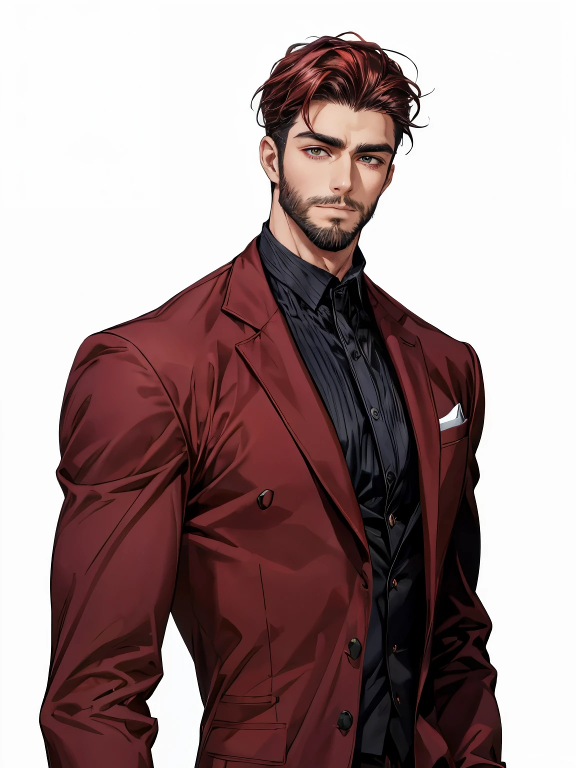 male people,There is a beard on the chin,robust,Handsome,Handsome,dark colored hair,dark-red suit,Black shirt