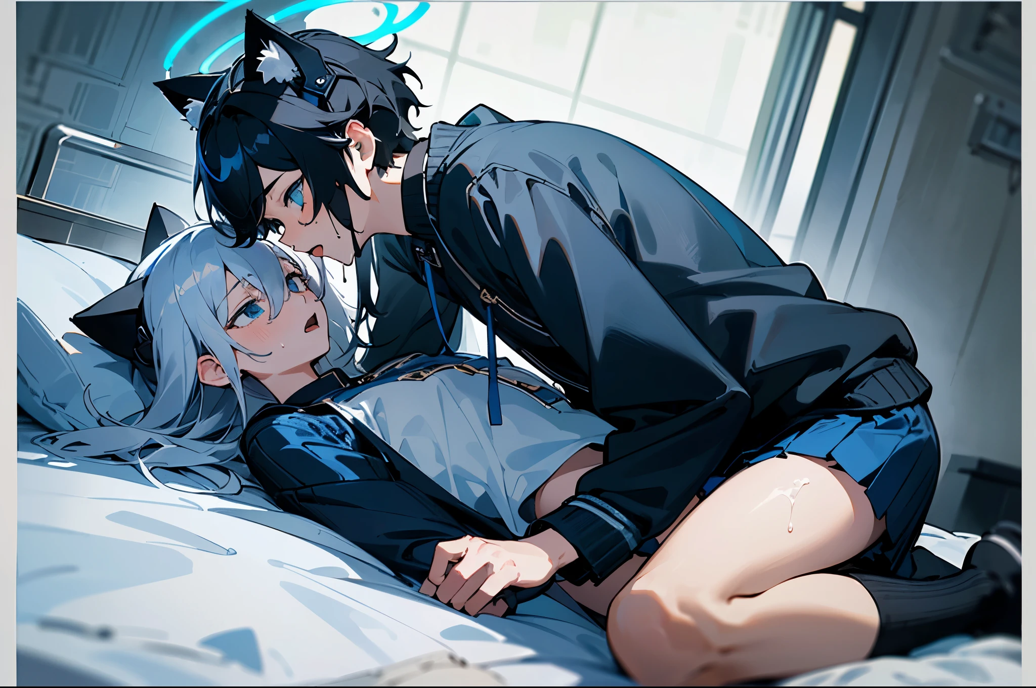 ((Best Quality)), ((Masterpiece)), (Detailed), Perfect Face, Very Detailed, Masterpiece, Best Quality, Official Art, Extremely Detailed CG Unified 8k Wallpaper, Dynamic Eyes, Full Body Portrait, (a boy and a girl: 1.5), (((sexual intercourse))),((((boy cumming inside the girl)))), (((sexing on a bed))), shy,((girl trembles seriously)), steam comes out from girl's mouth, heart-symbolled eyes, the girl wears trendy style, long silver-gray hair, shoulder-length hair, a futuristic blue halo on her head, future Wind clothing, with a mechanical feel, ((dark blue skirt with bright blue lace)), ((black jacket with blue stripes)), JK short skirt, cat ear headphones on the head , ((watery eyes)), ((the boy has no clothes on lower body)), ((boy has black hair))