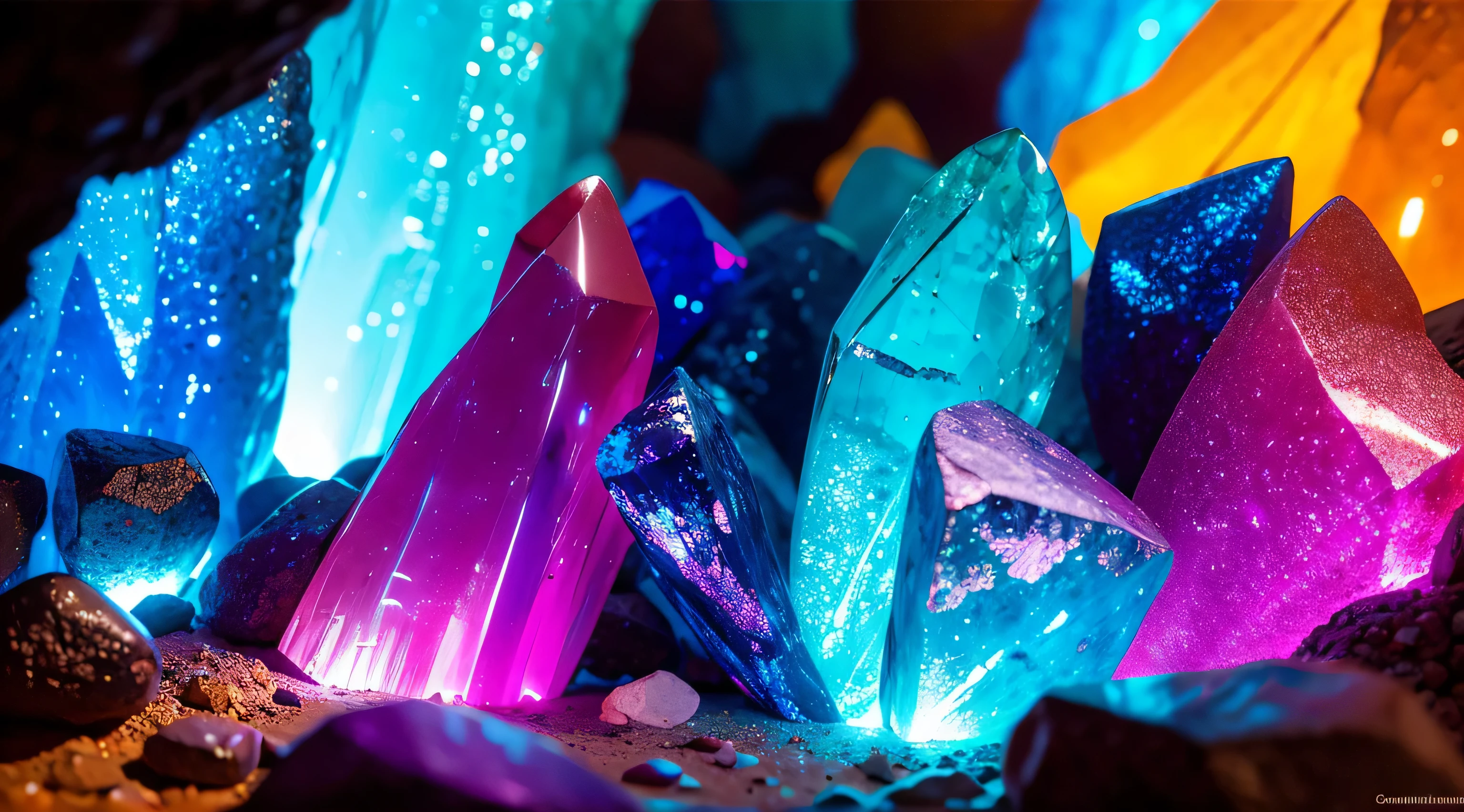 colorful crystals inside a cave, dimmy light, realistic, wide-angle-view, professional photography, (no one), best quality, high details, sharp focus