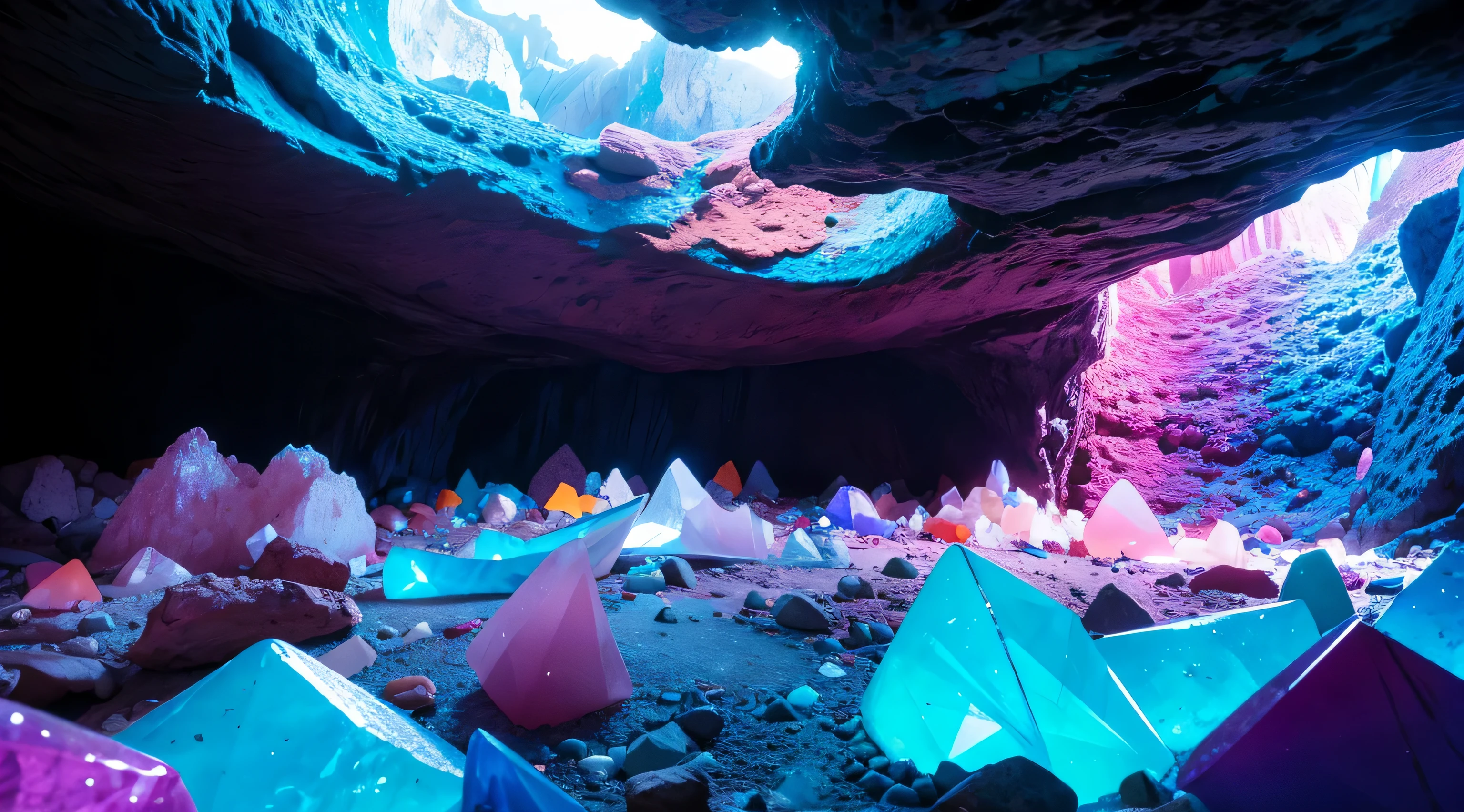 colorful crystals inside a cave, dimmy light, realistic, wide-angle-view, professional photography, (no one), best quality, high details, sharp focus