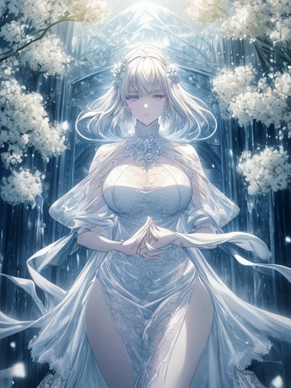Paradise in Heaven, White lighting,(masutepiece), (Best Quality), (Cinematic), 8K, (art  stations), Li Yue painting style.(長いWhite hairとSilvery eyesを持つ1人の女), (Beautiful delicate face)、[ Particle Lou Full Moon] [Frozen trees々] [landscape crystal] [Lighting] [Ethereal Atmosphere]:1.1] [Fantasy, short story] [soft Lighting] [+Cinematic shot]:1.2 [+art  stations] [+luminous white background] [+soft Lighting] [soft glow] [Creative and dynamic angles]:1.3, [+Crystal Toning] 、masutepiece, ighly detailed, Ultra-detailed, Solo, (pale skin), Silvery eyes, White hair, (snowy background), (snowflake rosen flower:1.0), (shining crystal),, (Snowy ground), (White lashes), Female y、dreamy and detailed, Gorgeous setting, 妖しい雰囲気 masutepiece, The most beautiful scenes, An majestic、(((full of white flowers)))、quiet and serene atmosphere、A charming, all white tones,Inside the crystal library,Transparent flowers and falling snow，Many white roses are planted,(flowingwater,falls,water bloom),The decoration is also carefully done.,Dreamy（ighly detailedです，Creative Design，crisp and precise lines，K HD，best qualtiy，tmasterpiece，超hight resolution，4K）、Diverse poses、((beautiful white flower hair ornament))、Beautiful hairstyle、(Best Quality, 4K, 8K, hight resolution, masutepiece:1.2), Ultra-detailed, Detailed expression, Graceful posture, expressive brush strokes, mystic atmosphere, artistic interpretation,Delicate floral jewelry， (((Detailed design、Beautiful lace translucent dress、see-through small dress)))、(SFW:1.5), (Oversized breest body proportions, proportions of large breasts,:1ite decoration on thigh)、((Beautiful crystal accessories on the legs))。((Beautiful crystal accessories on the arm))、(((Design with a wide open chest)))