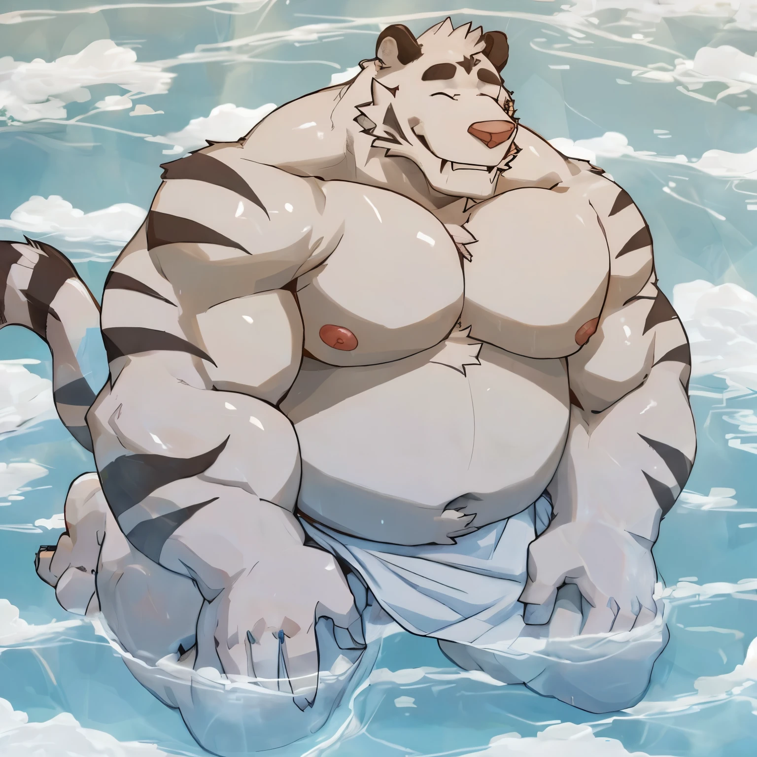 axel cosmas , solo, towel around waist, plump, huge, bath background, nipples, big fat belly, big ass, eyes shut, kneeling, 5 fingers, musclegut body, lineart, normal eyes, wet body, macro body, massive body, huge pecs, very wide,
