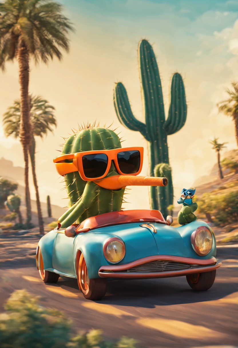 disney Cactus Character With orange sunglasses and a cigar riding a car
