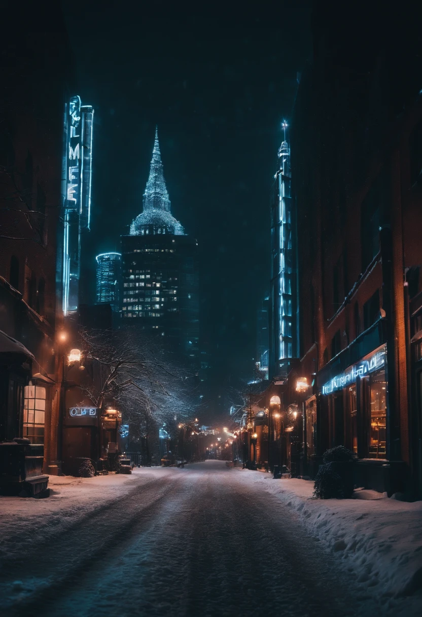 A nighttime cityscape covered in snow, with neon lights reflecting off the icy streets and creating a visually striking and energetic winter background.