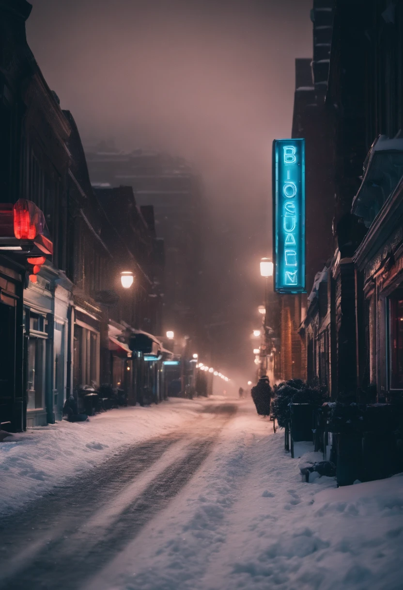 A nighttime cityscape covered in snow, with neon lights reflecting off the icy streets and creating a visually striking and energetic winter background.