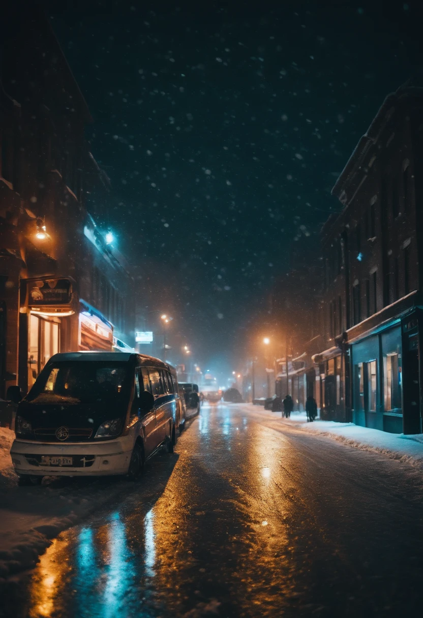 A nighttime cityscape covered in snow, with neon lights reflecting off the icy streets and creating a visually striking and energetic winter background.