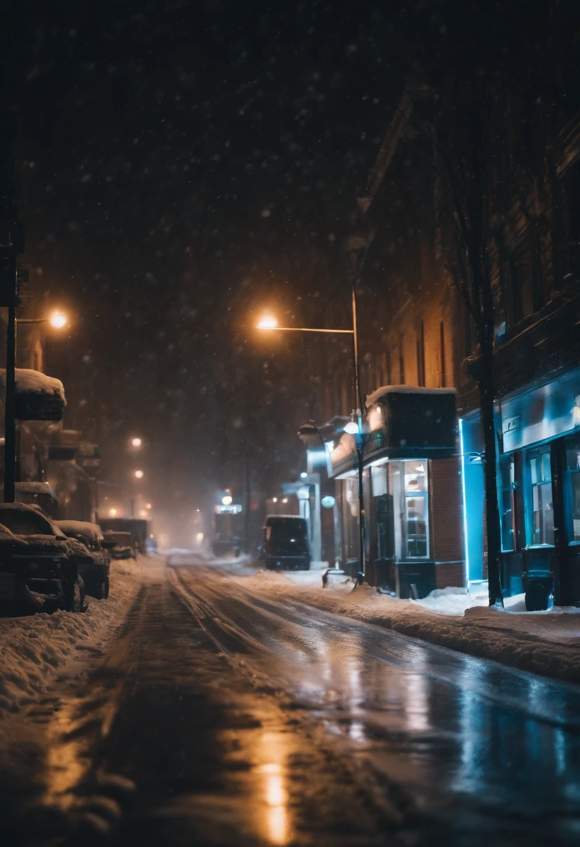 A nighttime cityscape covered in snow, with neon lights reflecting off the icy streets and creating a visually striking and energetic winter background.