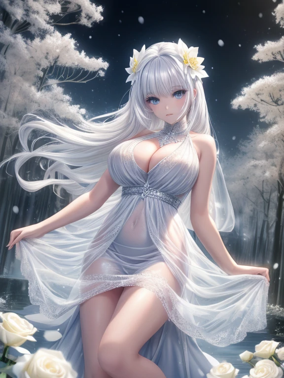 Paradise in Heaven, White lighting,(masutepiece), (Best Quality), (Cinematic), 8K, (art  stations), Li Yue painting style.(長いWhite hairとSilvery eyesを持つ1人の女), (Beautiful delicate face)、[ Particle Lou Full Moon] [Frozen trees々] [landscape crystal] [Lighting] [Ethereal Atmosphere]:1.1] [Fantasy, short story] [soft Lighting] [+Cinematic shot]:1.2 [+art  stations] [+luminous white background] [+soft Lighting] [soft glow] [Creative and dynamic angles]:1.3, [+Crystal Toning] 、masutepiece, ighly detailed, Ultra-detailed, Solo, (pale skin), Silvery eyes, White hair, (snowy background), (snowflake rosen flower:1.0), (shining crystal),, (Snowy ground), (White lashes), Female sexy、dreamy and detailed, Gorgeous setting, 妖しい雰囲気 masutepiece, The most beautiful scenes, An majestic、(((full of white flowers)))、quiet and serene atmosphere、A charming, all white tones,Inside the crystal library,Transparent flowers and falling snow，Many white roses are planted,(flowingwater,falls,water bloom),The decoration is also carefully done.,Dreamy（ighly detailedです，Creative Design，crisp and precise lines，K HD，best qualtiy，tmasterpiece，超hight resolution，4K）、Diverse poses、((beautiful white flower hair ornament))、Beautiful hairstyle、(Best Quality, 4K, 8K, hight resolution, masutepiece:1.2), Ultra-detailed, Detailed expression, Graceful posture, expressive brush strokes, mystic atmosphere, artistic interpretation,Delicate floral jewelry， (((Detailed design、Beautiful lace translucent dress、see-through small dress)))、(SFW:1.5), (Oversized breasts, best body proportions, proportions of large breasts,:1.5),(white decoration on thigh)、((Beautiful crystal accessories on the legs))。((Beautiful crystal accessories on the arm))、(((Design with a wide open chest)))