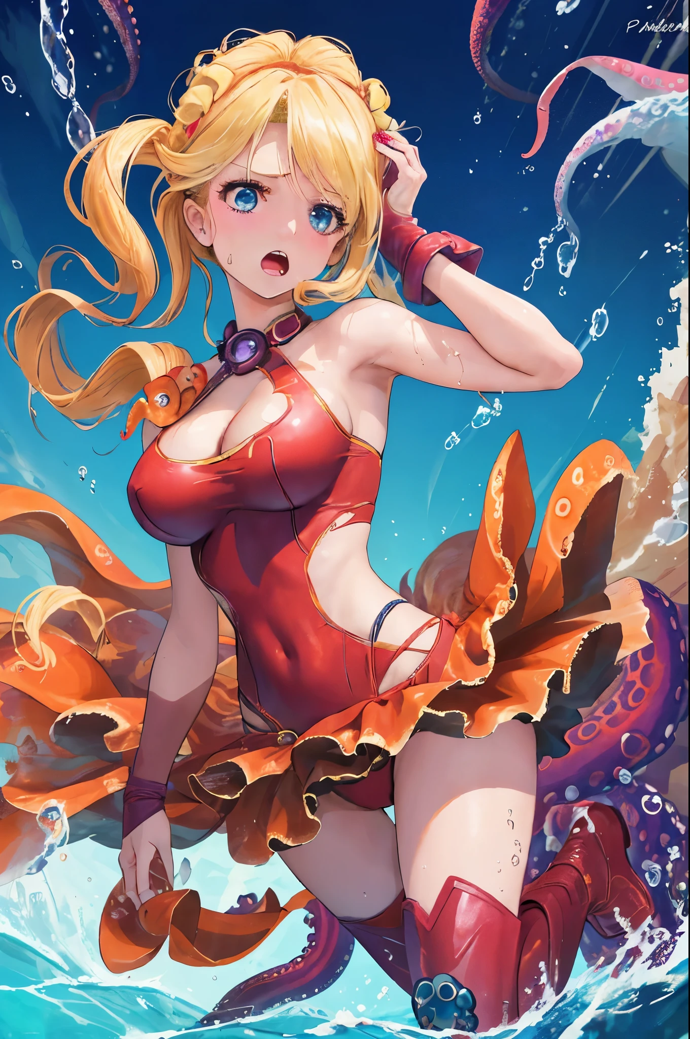 (best quality,4k,highres),(realistic:1.37),A woman greatly resembling Paris Hilton,1girl,torn,rugged costume,Supergirl costume,life-threatening situation,drowning,struggling desperately,dramatic,life-or-death,desperate gasping for air,octopus restraining her,tentacles tightly wrapped around her,underwater scene,ocean depths,perilous situation,emotional distress,dark and intense,heroine in distress,battle for survival,dire circumstances,fight for her life,ominous,twisting tentacles,ogre-like creature,majestic ocean backdrop,harrowing struggle,frantic struggle for freedom,dangerous encounter,thrilling,heart-pounding,claustrophobic,dire consequences,breathtaking,high-stakes,helpless,urgency,overwhelming odds,superhuman strength,unyielding determination,ultimately triumphant,limb-like appendages,dramatic climax,stunning visual,compelling narrative,intense imagination,epic struggle,visual spectacle