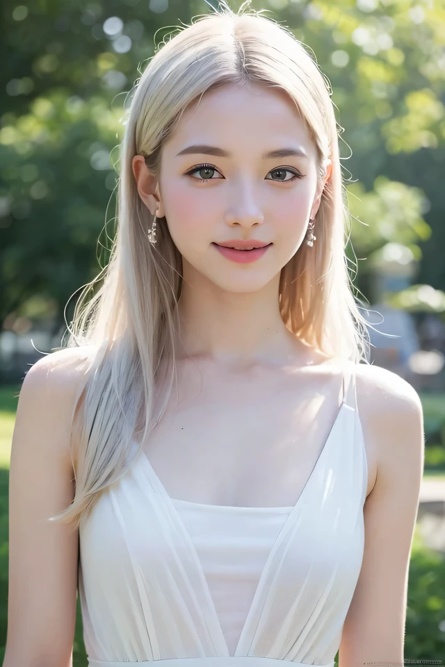 15Caucasian model at the age, Full-body image,((Clean clothes)), white clothes, Skin Color, pretty white woman, White hair, A smile, (8K, Raw photography, top-quality, masterpiece: 1.2), masterpiece, Super Detail, 超A high resolution, (Realistic and realistic photos: 1.37), high-definition RAW color photography, extremely delicate and beautiful, 非常にdetaileds, 8K Wallpaper, astonishing, detaileds, 非常にdetailedsな目, 非常にdetailedsな肌, 非常にdetailedsな指, h非常にdetaileds nose, 非常にdetailedsな口, perfect anatomia, The upper part of the body, , Sheer feeling、Transparency、White Dress、, white hair, Blue eyes, masterpiece, realistic skin textures, 超detaileds, shiny hair and white skin, 、 beautifully dressed body、Juvenile impression、The upper part of the body、Blue eyes、Deep carving、She looks like a white woman